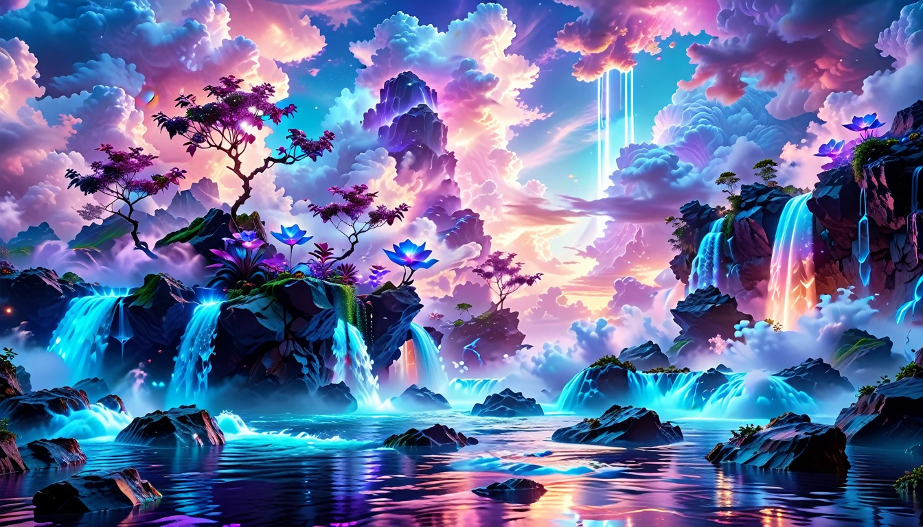 A Masterpiece In 32K Resolution, Supreme Quality, Super Detail, Official Art, Very High-Resolution 32K Wallpaper, Surreal And Fantastical, Ultra-Detailed Features, Otherworldly Beauty. Floating Islands Drift Through A Sky Of Purple And Blue Clouds - Waterfalls Pour Into The Abyss Below, While Strange, Glowing Plants Sprout From The Floating Rocks. In The Distance, A Celestial Tower Rises, Radiating A Gentle Light That Illuminates The Cosmic Landscape.