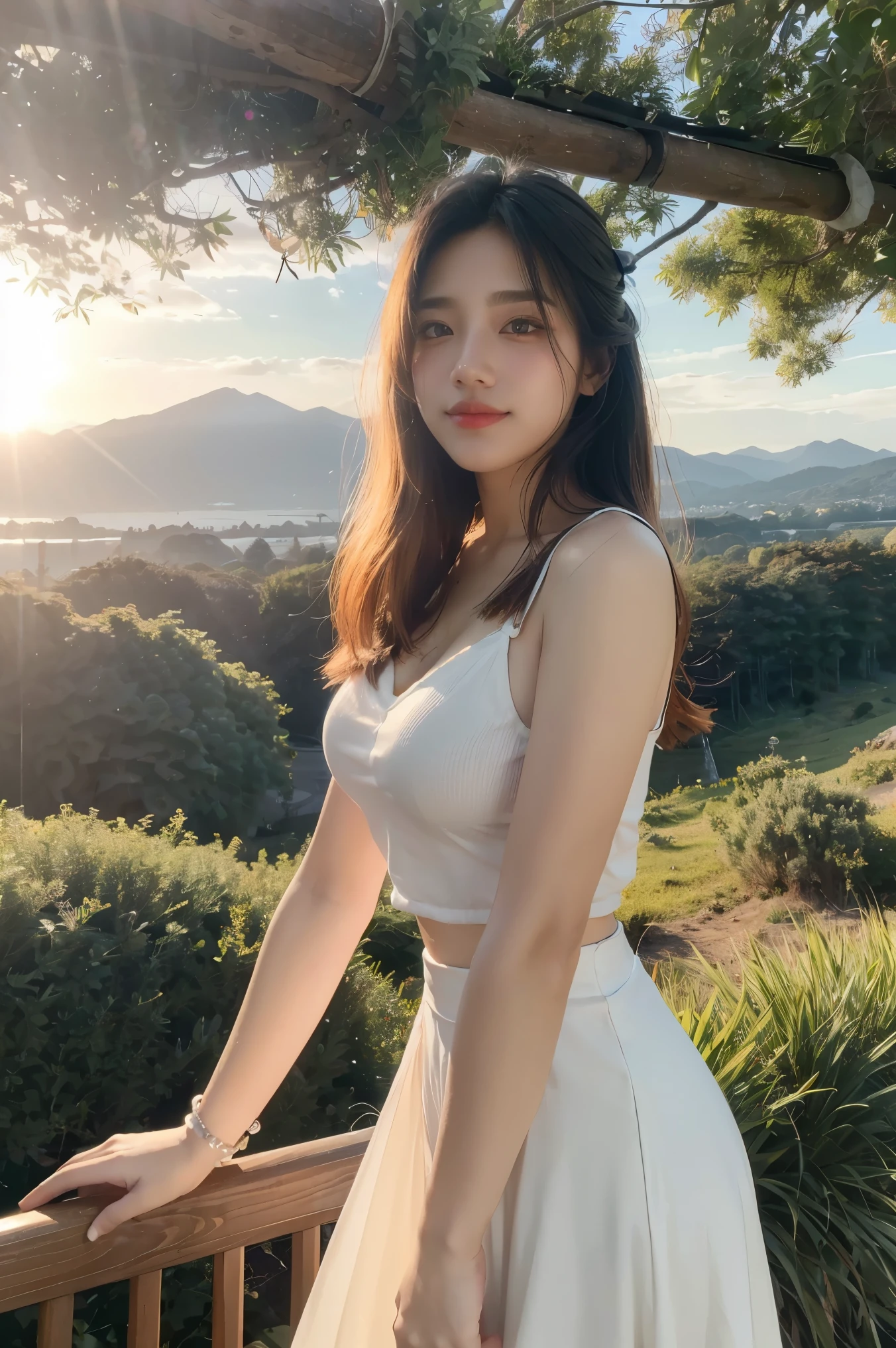 1 girl, happy expression, charming eyes, straight long hair, flowing skirt, big, looking at the sun, calm posture, porcelain-like skin, subtle blush, crystal pendant BREAK Golden Hour, (edge lighting): 1.2, cool colors, sun flare, soft shadows, bright colors, painting effects, fantastic atmosphere BREAK Scenic lakes, distant mountains, pine trees, mountain tops, reflections, sunlit clouds, tranquil atmosphere, idyllic sunrise, Ultra detailed, official art, unified 8k wallpapers, zentangle, mandala