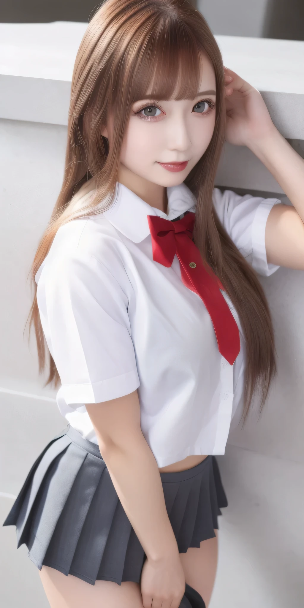 high quality、masterpiece、high school girl、Two Japanese women、19 years old、Over the knee socks、Hime cut、garter belt、Low Angle、The wind blows and my skirt flutters、Very sensitive skin、Fair skin、Red lip makeup、Young Face、Slim figure、(Red frame glasses)、No sleeve、Camel Toe,Clearly visible