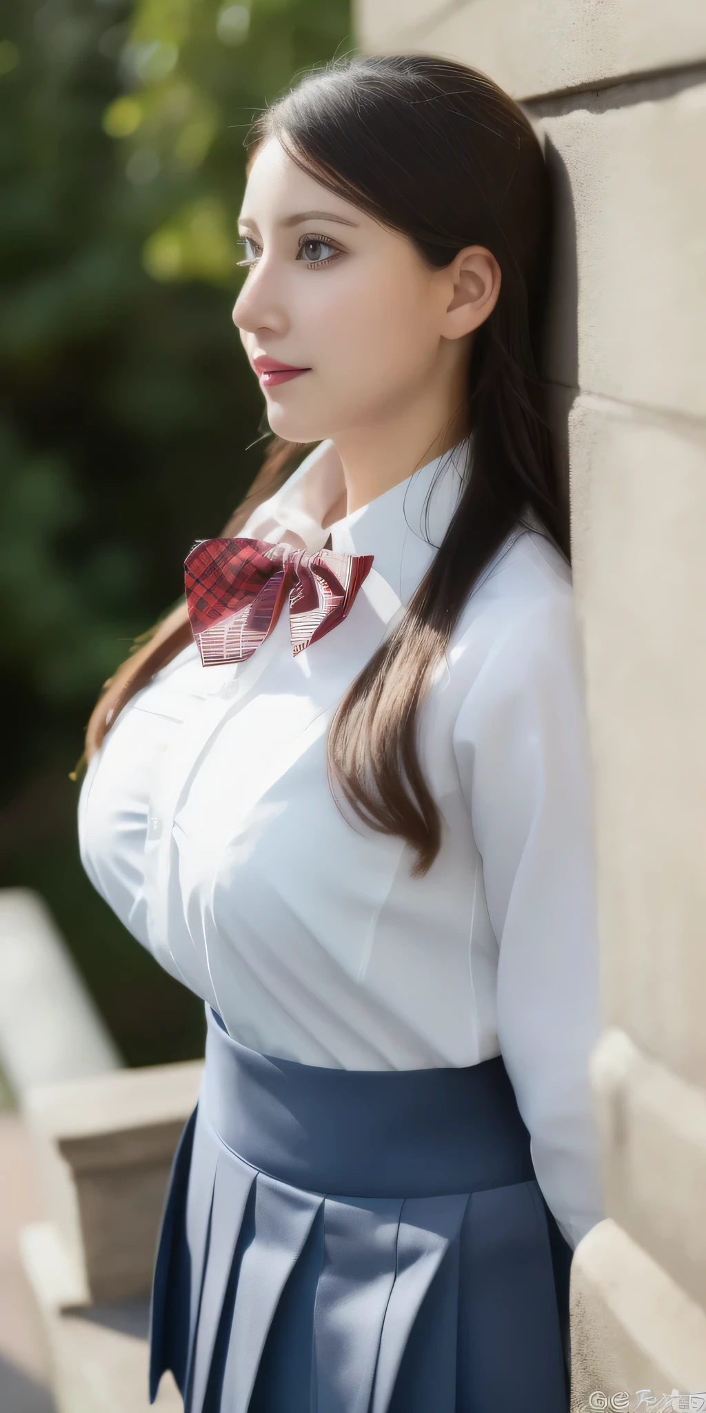 Above Orihime, Very large breasts, standing, Alone, School_Uniform_white_shirt_red_Bowtie_Navy_mini skirt, masterpiece, Best Quality, Detailed face, Detailed eyes, High resolution, ((whole body)), loafers