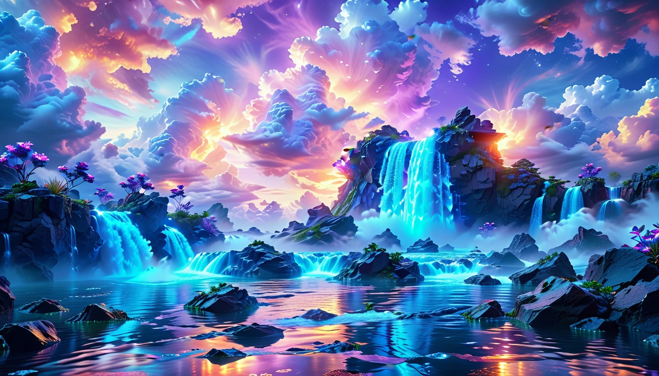 A Masterpiece In 32K Resolution, Supreme Quality, Super Detail, Official Art, Very High-Resolution 32K Wallpaper, Surreal And Fantastical, Ultra-Detailed Features, Otherworldly Beauty. Floating Islands Drift Through A Sky Of Purple And Blue Clouds - Waterfalls Pour Into The Abyss Below, While Strange, Glowing Plants Sprout From The Floating Rocks. In The Distance, A Celestial Tower Rises, Radiating A Gentle Light That Illuminates The Cosmic Landscape.