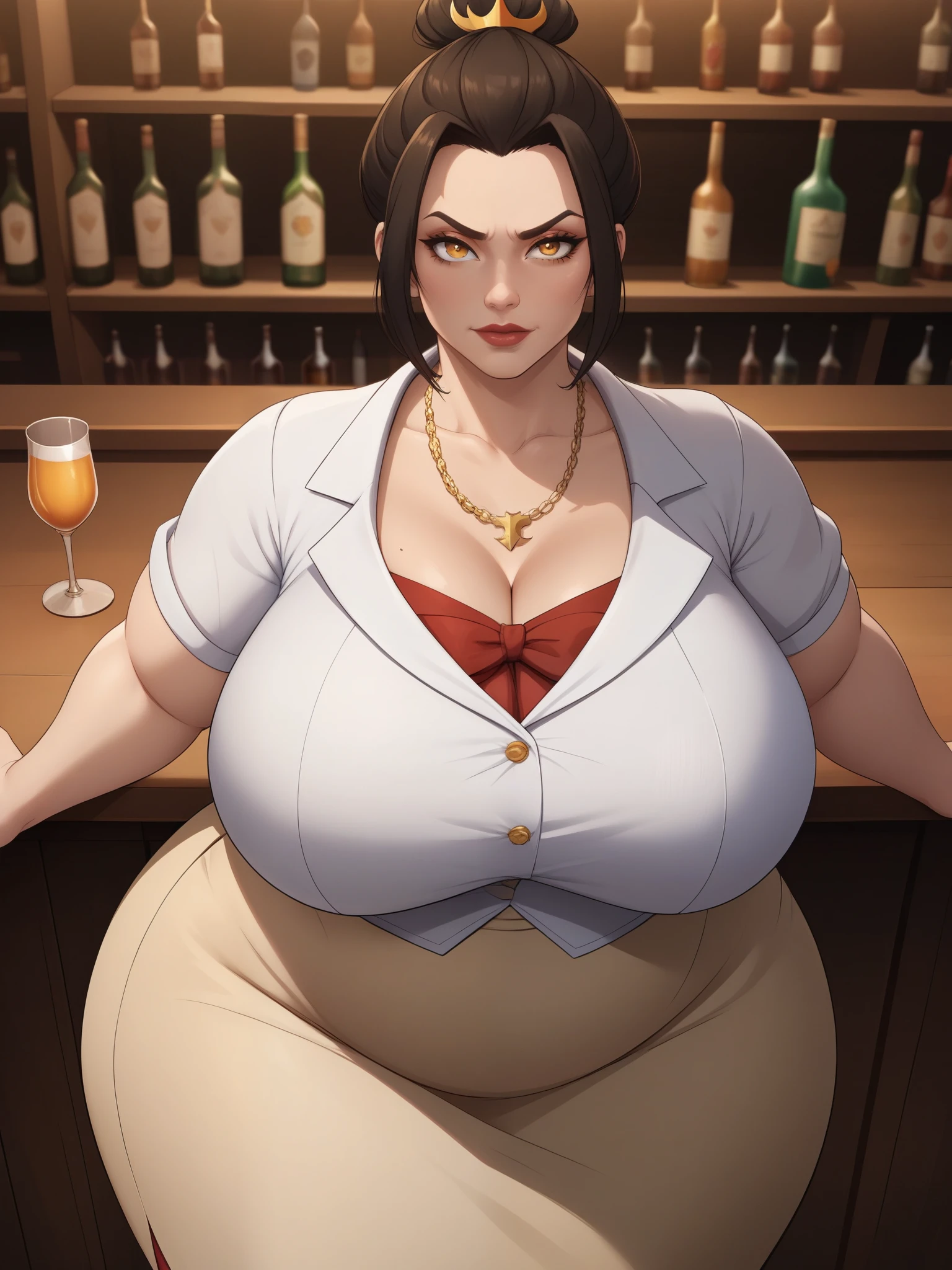 Azula, amber eyes. wavy dark brown hair strands above her shoulders. huge saggy breasts. huge hips. bbw. necklace. bow. skirt. shirt. bar. bend over
