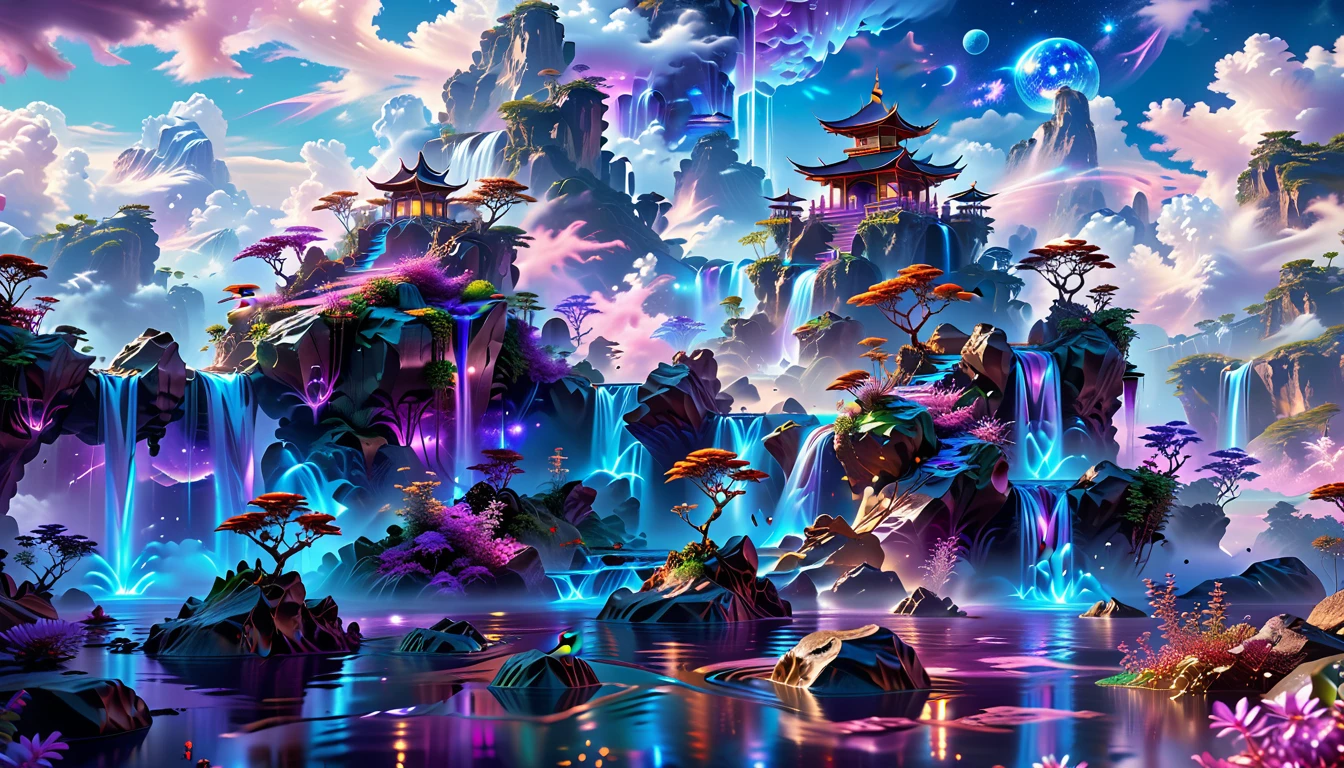 A Masterpiece In 32K Resolution, Supreme Quality, Super Detail, Official Art, Very High-Resolution 32K Wallpaper, Surreal And Fantastical, Ultra-Detailed Features, Otherworldly Beauty. Floating Islands Drift Through A Sky Of Purple And Blue Clouds - Waterfalls Pour Into The Abyss Below, While Strange, Glowing Plants Sprout From The Floating Rocks. In The Distance, A Celestial Tower Rises, Radiating A Gentle Light That Illuminates The Cosmic Landscape.