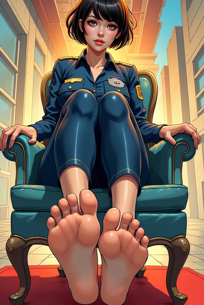 Comic style of a beautiful girl with short hair, very tight police sexy suit, bare feet, sitting on a chair showing feet, feet focus, perspective 