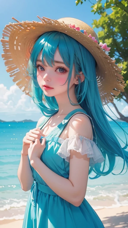 夏天, soda pop, Cute girl, sea beach, rays of sunshine, ice cubes, drinks, light blue hair, sunglasses, aqua eyes, light smile, anime style, pov, Sony FE GM, 8k