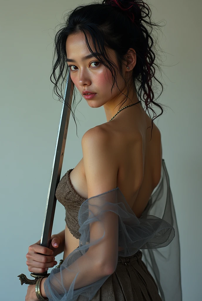 Top quality, masterpiece, (raw photo:1.3), 8K, (best aesthetic, photorealistic, professional photography:1.1), ultra detailed, natural lighting, (depth of field, character focus:1.2), (from front view, correct anatomy:1.5), realistic skin texture, intricately detailed face, (grotesque:1.3), pov, (1 female warrior:1.5), solo, (full body:1.2), (perfect body:1.4), black hair, long hair, fairly detailed skin, wounded, oil, sweat, realistic eyes, dark eyes, tears, detailed nose and lips, sad, ((sitting on the floor:1.2)), ((1 sword is piercing the girl's body, the girl has just stabbed herself with this sword:1.5)), ((stabbing herself in stomach with the sword:1.3)), ((bleeding from the stabbed stomach:1.4)), (iron armor:1.4), (open clothes:1.2), slender, medium breast, (((indoor, fortress, the fortress is under attack of enemy:1.1)))