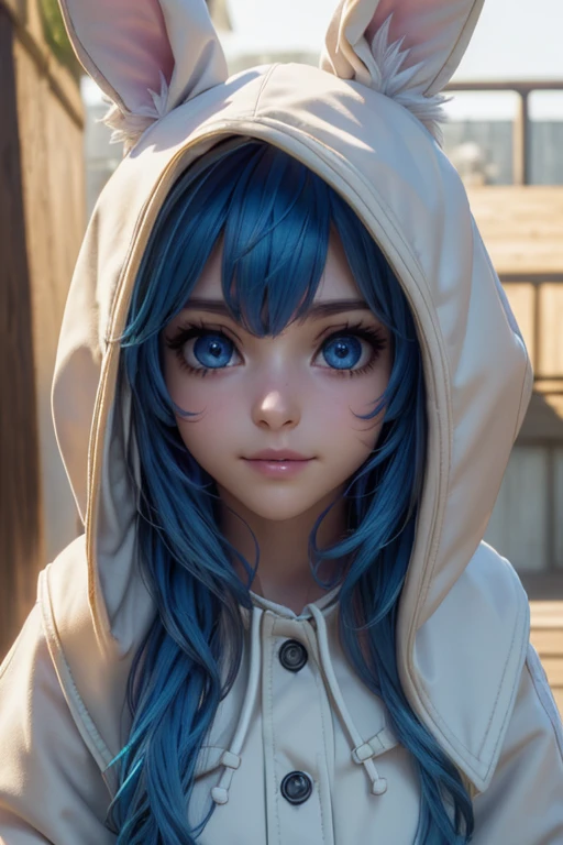 (best quality: 1.2), (high resolution, 4k, 8k), (masterpiece: 1.2), ultra detailed, (realistic, photorealistic: 1.37), yoshino astral dress, (long hair, hair between the eyes, blue hair), Mischievous, sassy face, cinematic lighting, (big beautiful blue eyes, bright and realistic), visible features, natural cheek, fair skin, soft lips, smile, teeth, (detailed face with perfect symmetry ), highly detailed facial and skin texture, medium breasts, glowing skin, perfect anatomy, perfectly shaded body, animal ears, hood, rabbit ears, coat, hood up, animal hood, rabbit hood, green coat, sensual movement, full photo below