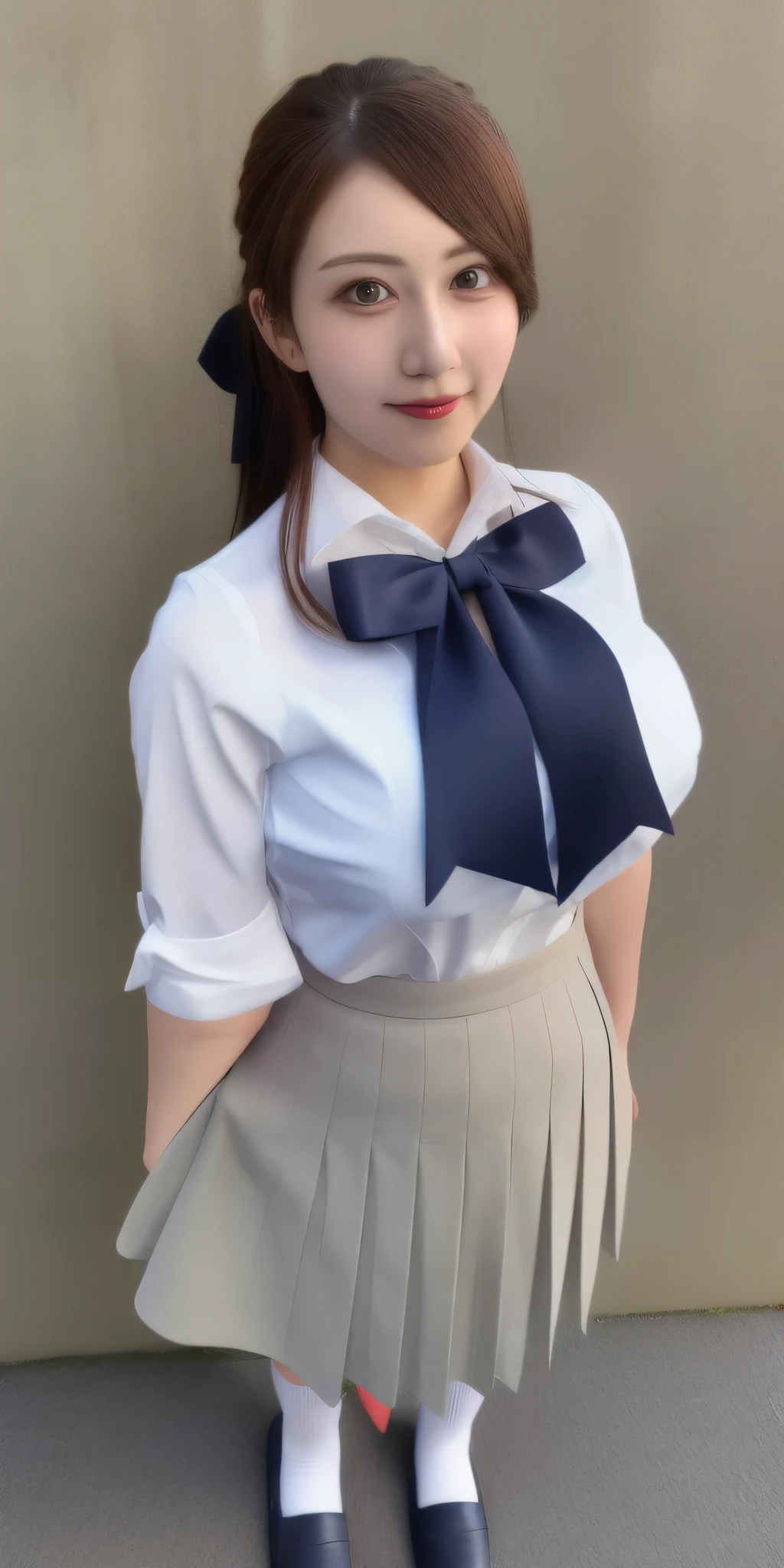 (((Round face))), ((blush, Droopy eyes)), ((Stylish glasses, Strange pose, Showing some pubic hair and genitalia)), young woman, White summer shirt, Red ribbon, Pleated skirt, uniform, school bag, short hair, Swollen areola, at the park, skyscraper, Strong sunlight,