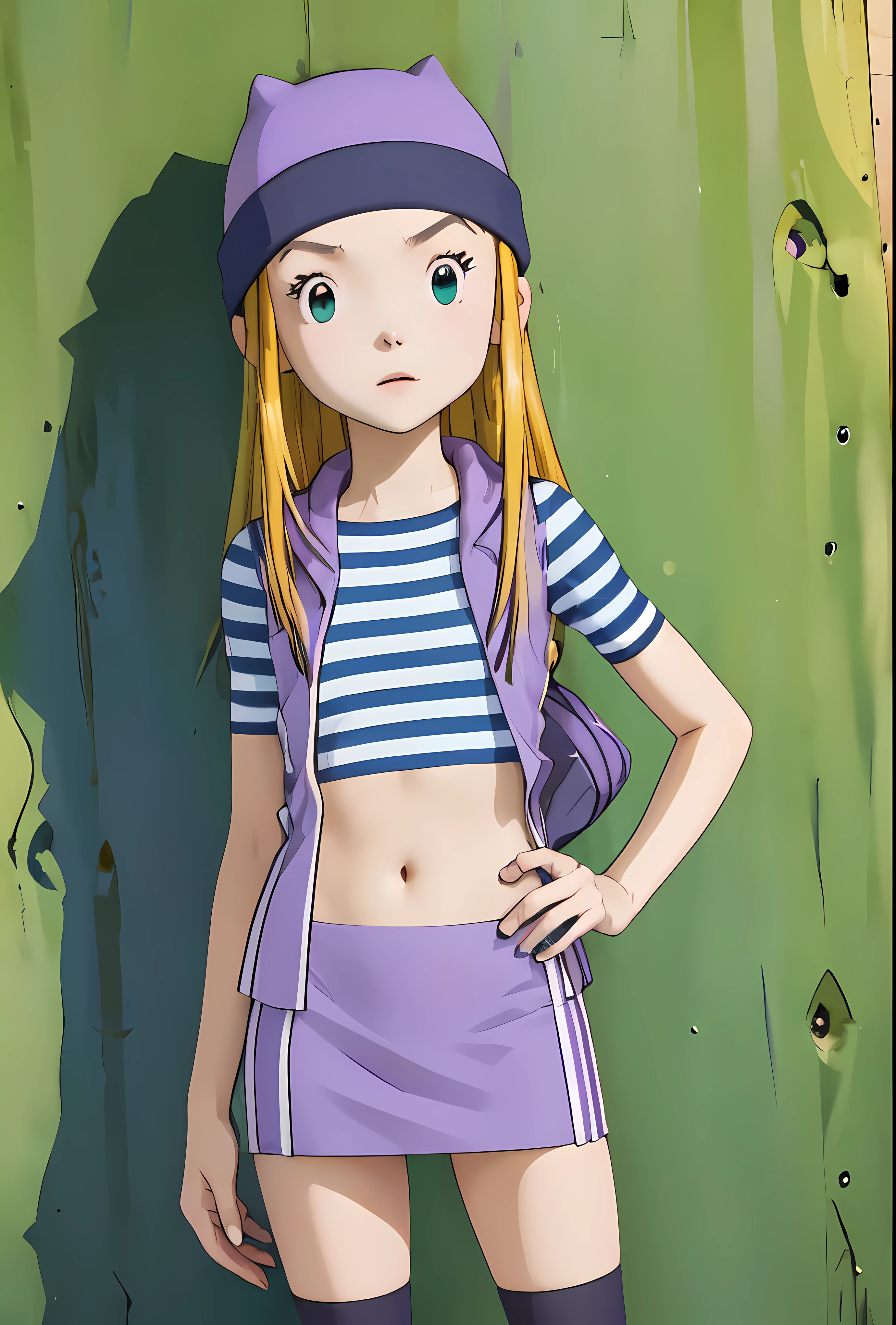 (masterpiece, best quality), 1girl, izumi Orimoto, outdoors, streets, green eyes, blonde hair, long hair, purple beanie, purple vest, purple miniskirt, blue white striped shirt, long purple socks, purple vest, striped shirt, navel shirt, medium size breast. standing, her back leaning against the wall, posing
