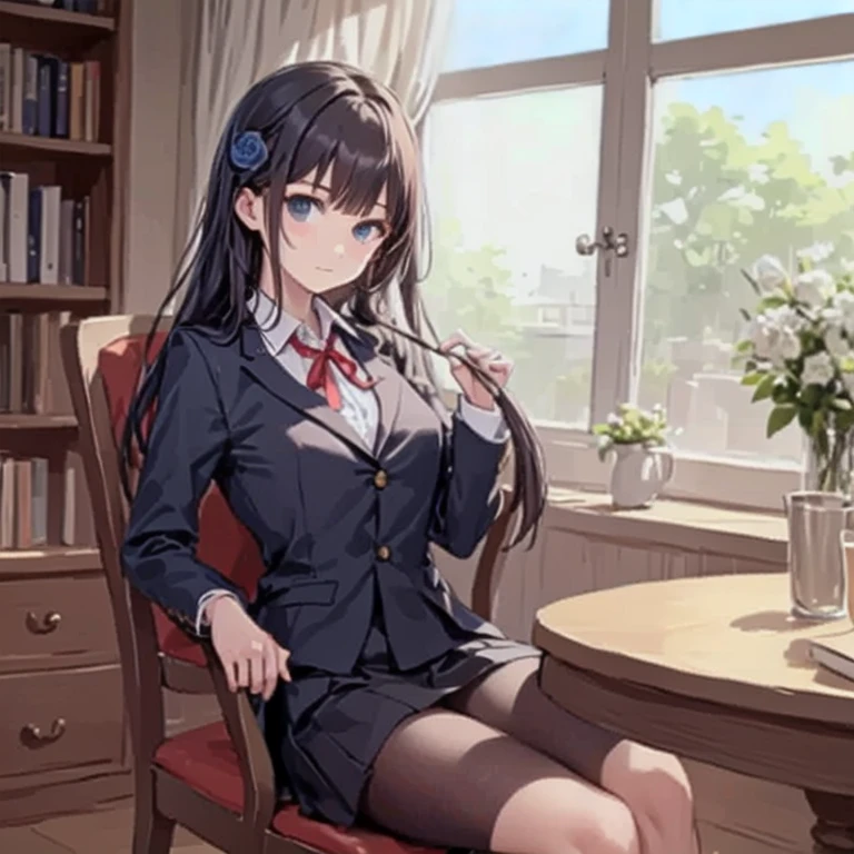 sensei, (black hair, long hair:1.5), blue eyes, 1girl, breasts, gloves, lace-trimmed_bra, lace, bra, skirt, underwear, solo, looking_at_viewer, crossed_legs, pantyhose, large_breasts, sitting, cleavage, purple_bra, bra_through_clothes, beret, white_gloves, high_heels, mole_on_breast, black_footwear, black_legwear, black_skirt, frills, earrings, mole, black_bra, uniform, flower, long_sleeves, miniskirt, panties, military, military_uniform, sweat, lace-trimmed_panties, jewelry