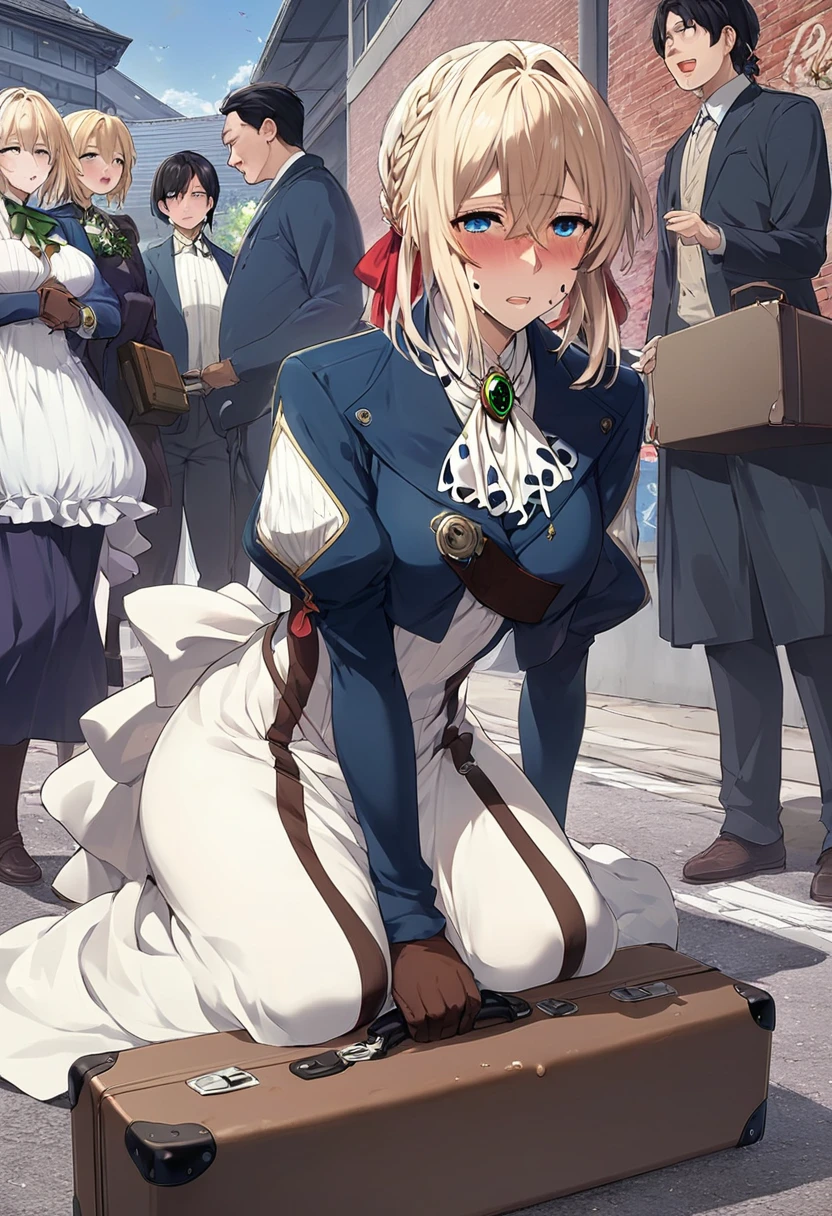 best quality, ultra-detailed, high resolution, extremely detailed cg, unity 8k wallpaper, masterpiece, 
best quality, ultra-detailed, high resolution, extremely detailed cg, unity 8k wallpaper, masterpiece,masterpiece, highest quality, High resolution, violet evergarden, Braid, hair ribbon, red ribbon, jewelry, white ascot, brooch, blue jacket, long sleeve, brown gloves, white dress, long dress, nipple cutout ,1 suitcase,
Scat Girl, Poop excretion, Poop in the hair, poop on the face , Japan beautiful girl in a skimpy costume, in a street , Seen by many people , Body covered with poop, 
defecate on the body, a lot of poop on the body, stuffed with poop, 
unclean, naughty expression, High quality, big areola, 
crouching down, exposure, Dark armpit hair, 
Sensually, The sheen, 
embarrassed,shed tears