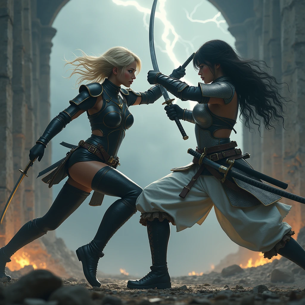 elf warrior woman, armed with sword, faces a huge minotaur.