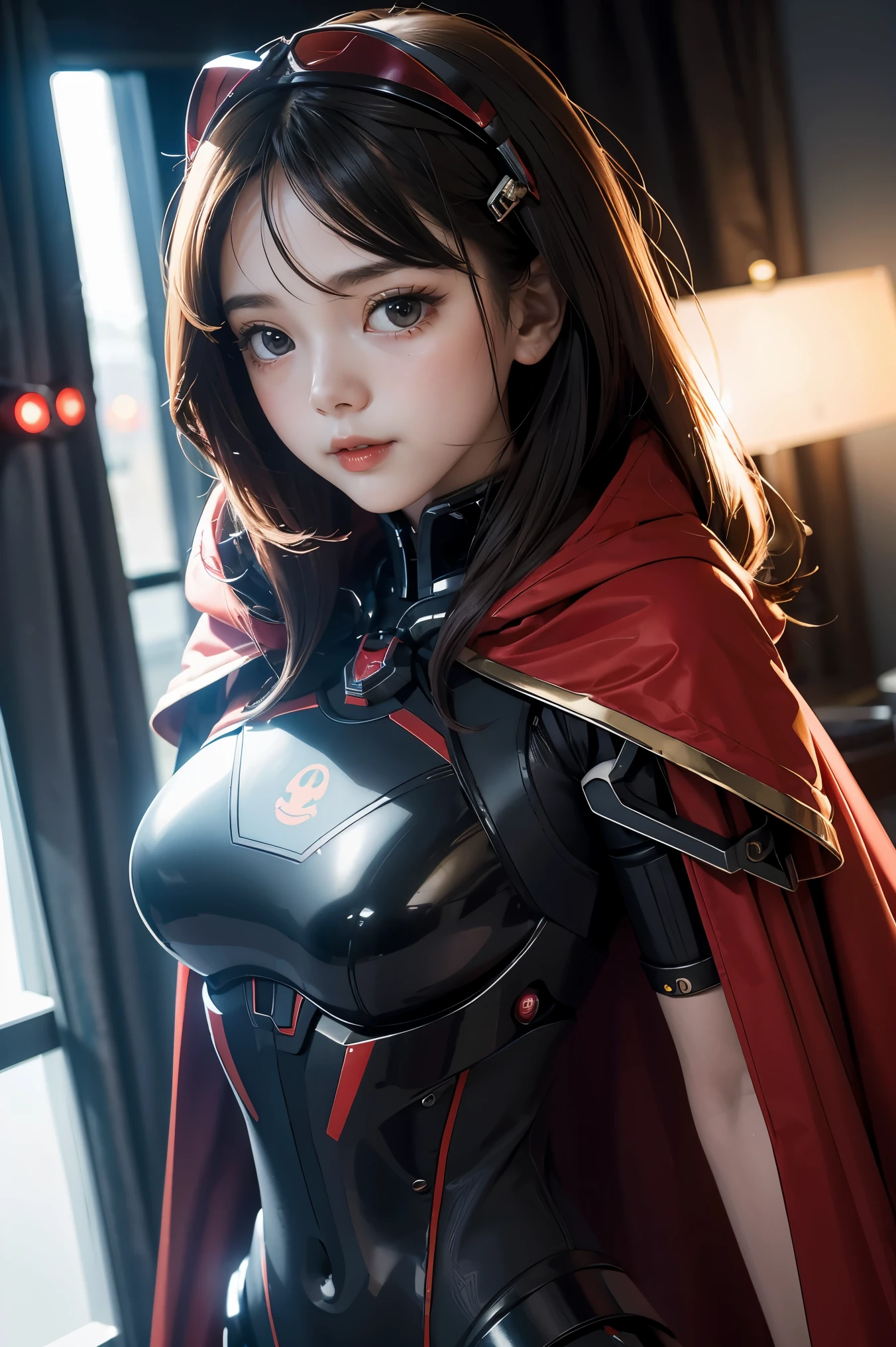 The picture shows a (cute) Adeptus Mechanicus girl. Her gaze is penetrating, and her face is hidden under a mask with monitors and LEDs. Graceful mechanical limbs complete her elegant appearance, and her outfit emphasizes her strength and uniqueness in the world of technology, big head, cute girl, red cloak , laughing, (((chibi)), ful body, full legth,  