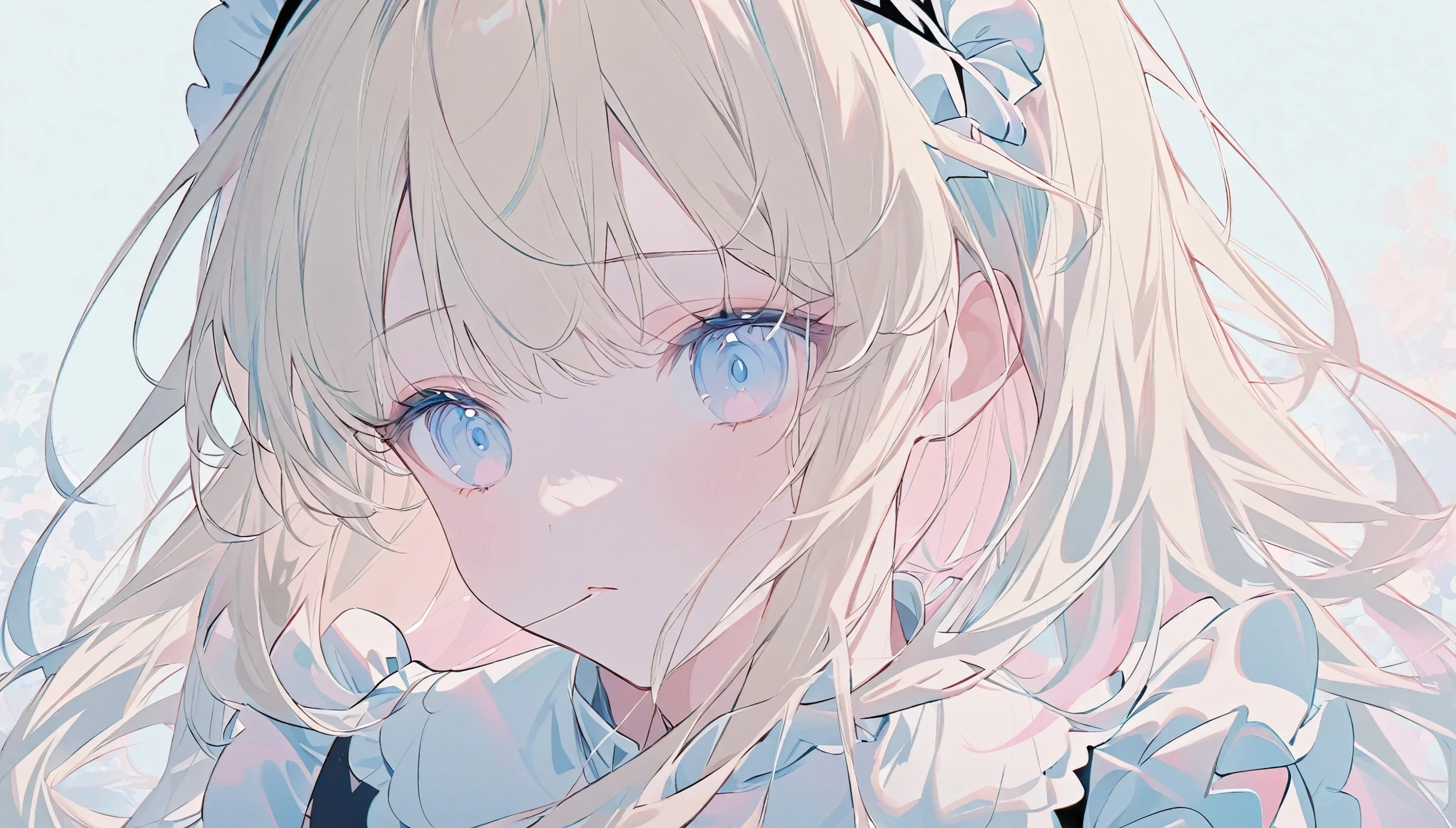 Headband,Maid uniform,Red cheeks,Expressionless girl,The corners of his mouth are slightly turned up,Long Hair,Blonde,High Quality Backgrounds,Pastel colors,A light touch,Light color,Illust