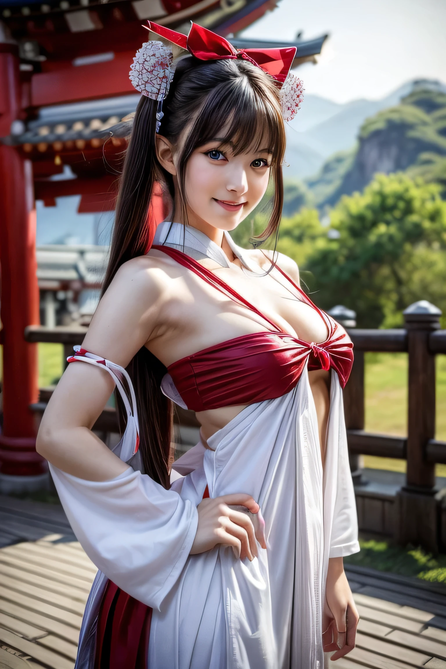 (masterpiece:1.3, Photorealistic:1.4, 8k), Best Quality, masterpiece, Super A high resolution, Perfect dynamic composition, Highly detailed skin and facial textures:1.3, Detailed eyes, Detailed limbs, Summer temple grounds:1.2, One Girl, Cute and sexy slim 25 year old woman, White skin, ((Natural smile:0.9, Totally captivating:1.0)), ((Accurate Shrine Maiden Costume)), ((Ample breasts:0.9)), (Facing forward, Random pose), (Beautiful Blue Eyes, Beautiful erotic eyes:0.85), Sexy Face:0.4, (A taste that exudes beautiful eroticism:0.85), ((So cute beauty:0.9))