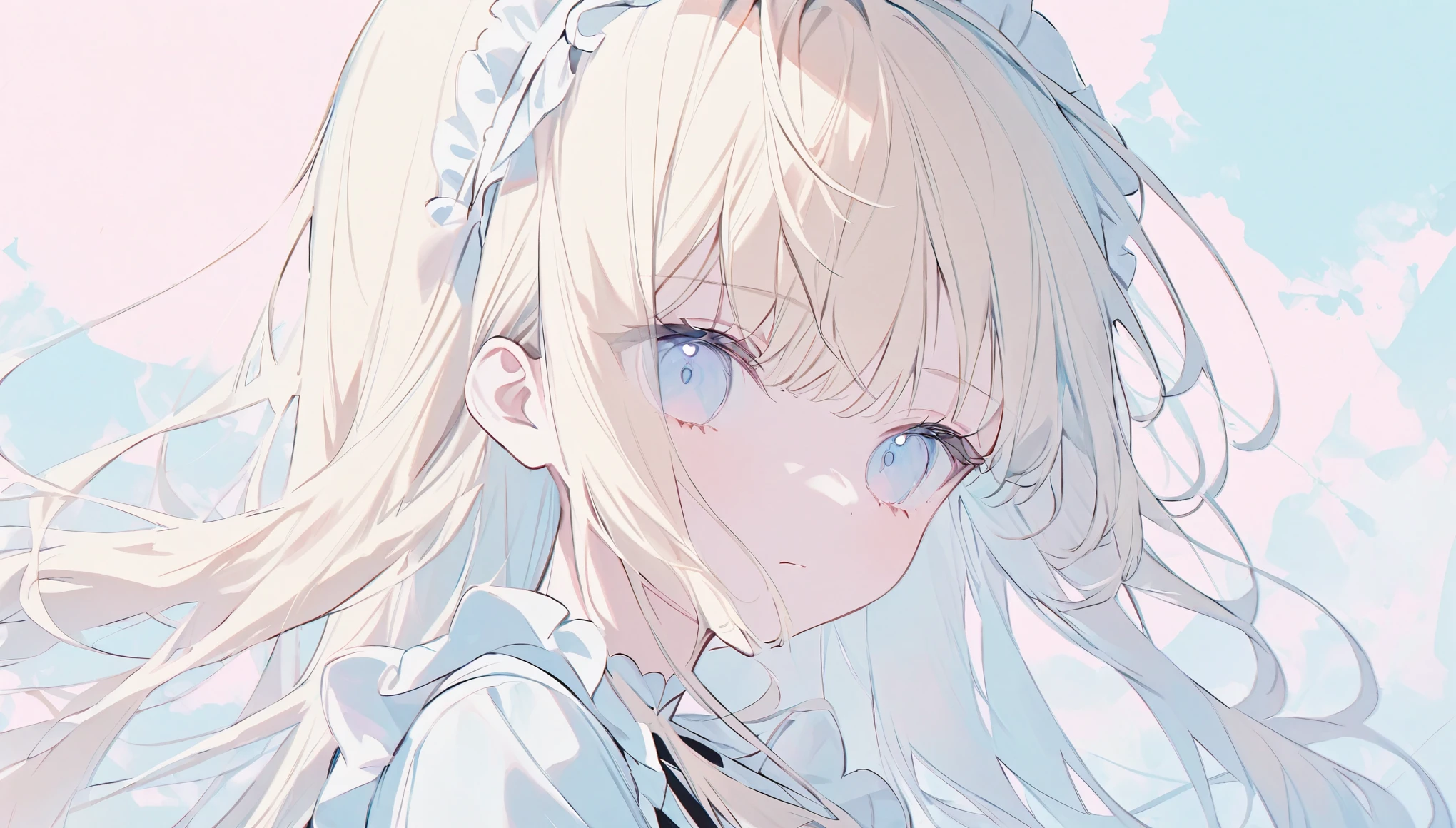 Headband,Maid uniform,Red cheeks,Expressionless girl,The corners of his mouth are slightly turned up,Long Hair,Blonde,High Quality Backgrounds,Pastel colors,A light touch,Light color,Illust