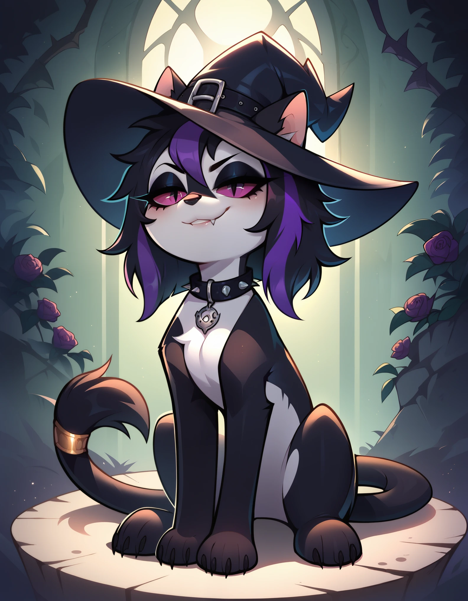 (score_9, score_8_up), score_7_up, score_6_up, best quality, highest quality, (feral), Goth girl, cat, furry, anthro, sitting, solo, official style, (witch hat), animal, (body fur), (black body, black skin, black fur), eyelashes, eyeliner, (black hair, purple hair, streaked hair), (messy hair, wild hair), animal ears, slit pupils, expressive eyes, beautiful eyes, smirk, fang, purple stripes, thin tail, tail ring, punk, piercings, collar, stockings, paws, uncensored, detailed background, jizoku