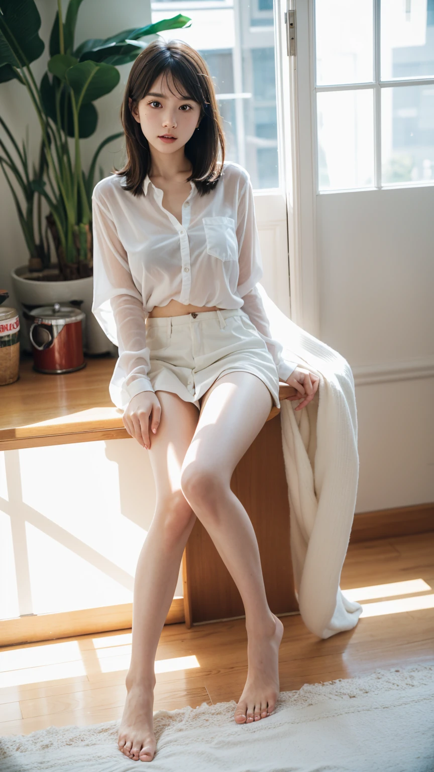 Full body photo，Front view，By the window，White Room，Girl，high鼻梁，Big eyes，Delicate facial features，Fair skin，Light hair，Messy hair，thin，high，Barefoot，Long Legs，Bare legs，White transparent shirt，White panties，Squatting，Open your legs，Large aperture，high清，Large format，Shot with medium format camera，