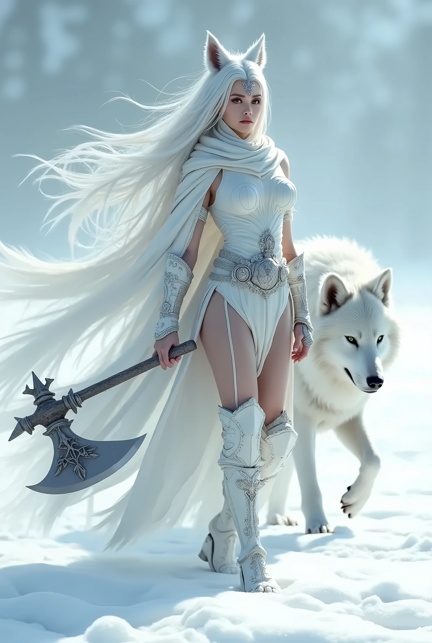 anthro furry wolf female warrior, Blue eyes, long white hair, (hold giant-sword :1.3), naked, topless, fierce, dynamic pose, full moon in medieval town at night, dark atmosphere, horror