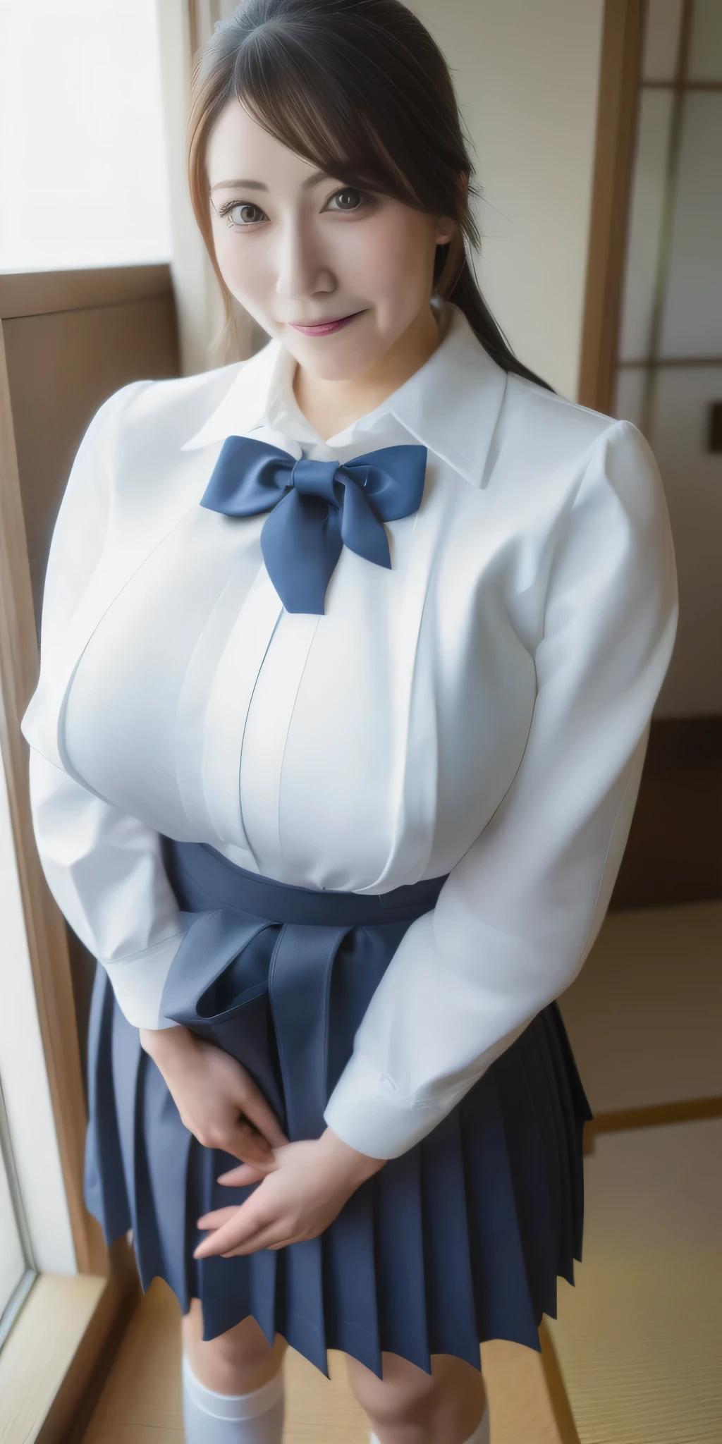 Japanese women, 35-year-old mother, Above Orihime, Very large breasts:1.95, standing, Alone, School_Uniform_white_shirt_red_Bowtie_Navy_Bloomers, masterpiece, Best Quality, Detailed face, Detailed eyes, High resolution, ((whole body)), loafers