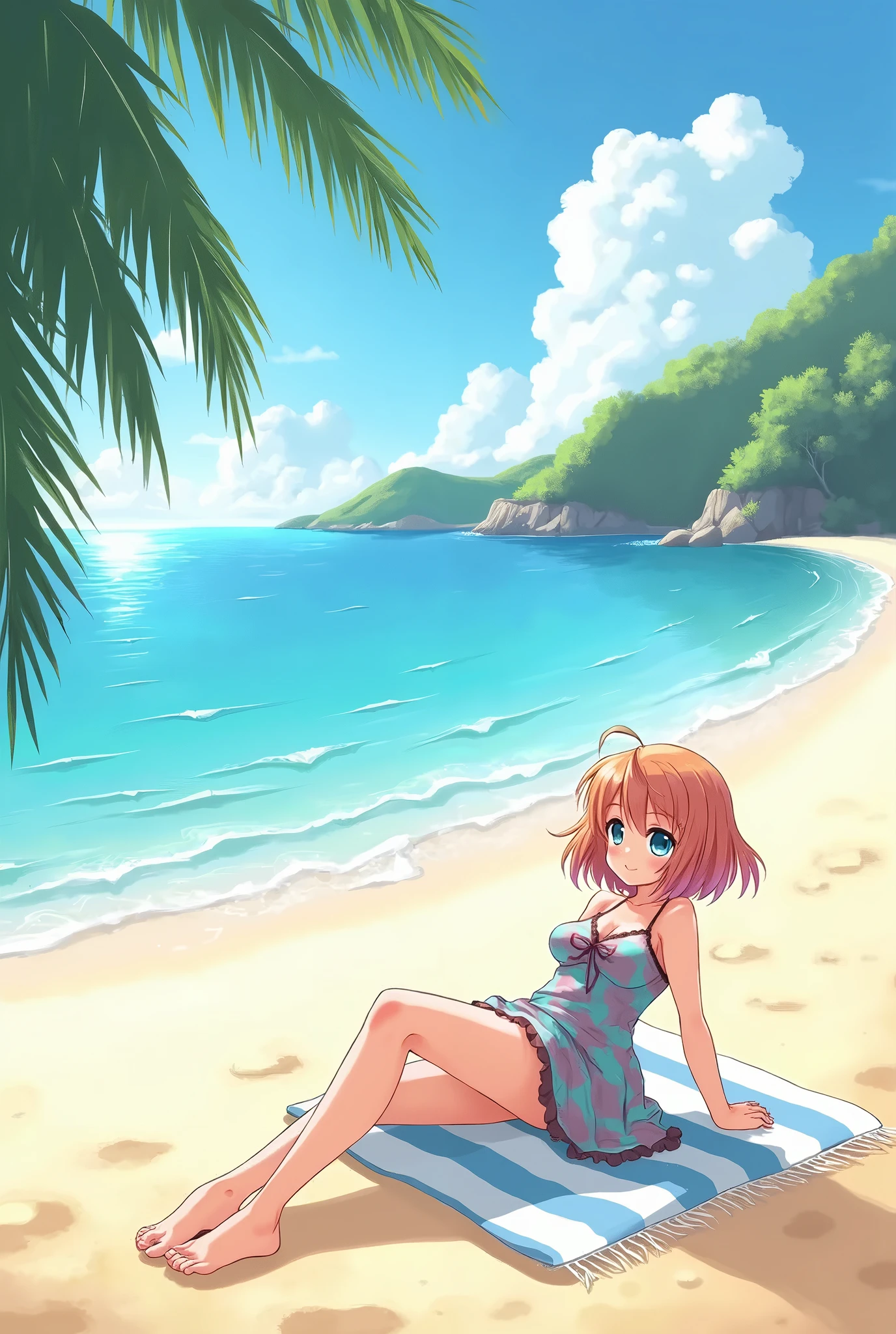 masterpiece, best quality, kim-crab, 1girl, tan skin, redhead, long hairs, straw hat, closed eyes, happy face, one-piece swimsuit, barefoot, on knees, beach, full body, <lora:kim-crab-12:1>