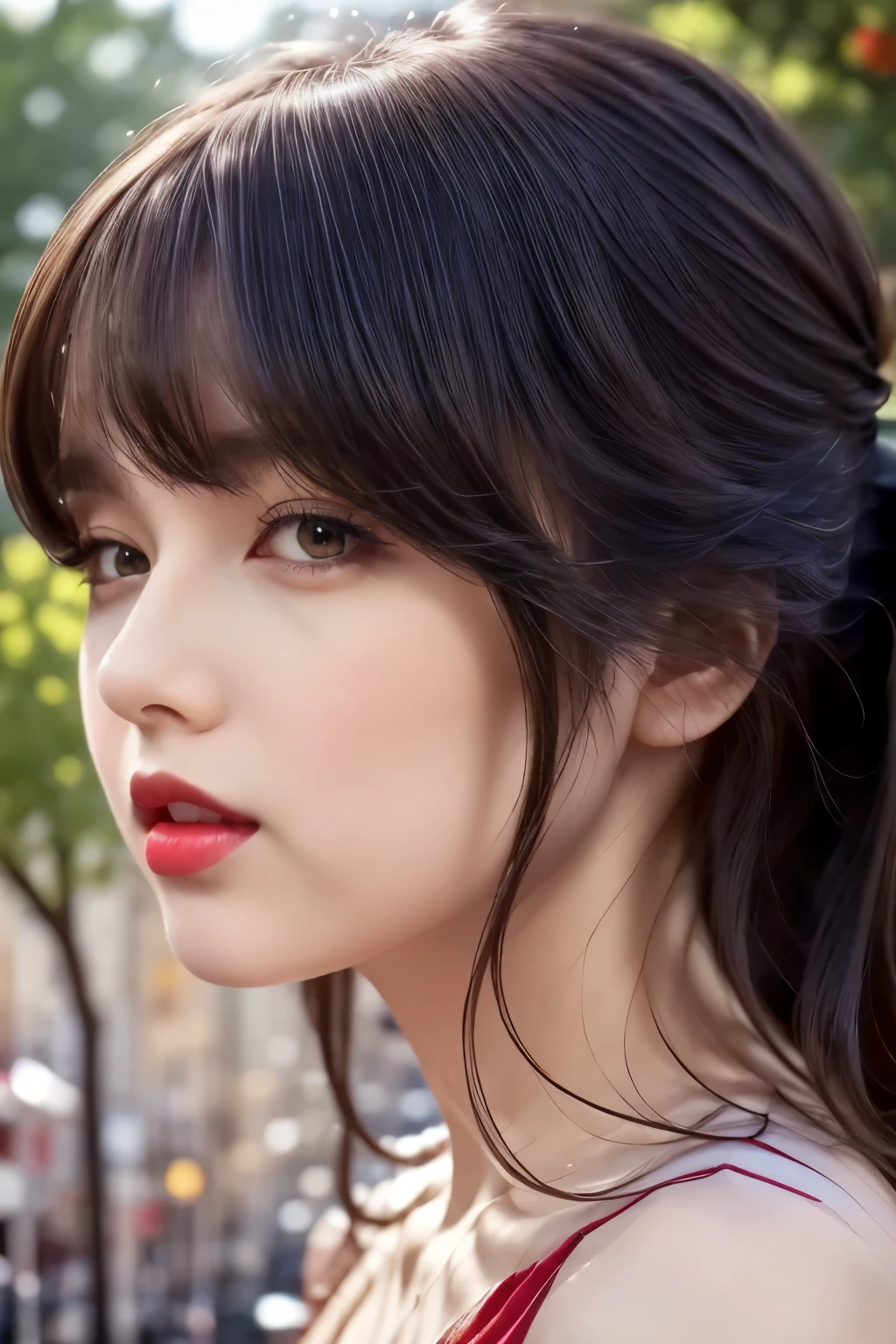 (masterpiece),(Best Quality:1.0), (Ultra-high resolution:1.0), Detailed illustrations, 8k, anime, One girl, beautiful anime girl, Wearing a red dress, corolla, Beautiful Face, Detailed face, Beautiful Eyes, Detailed eyes, Deep red eyes, Dark red lips, Red lipstick, Beautiful stylish hair, Hair highlights, bangs anime style, Best Quality, Vibrant