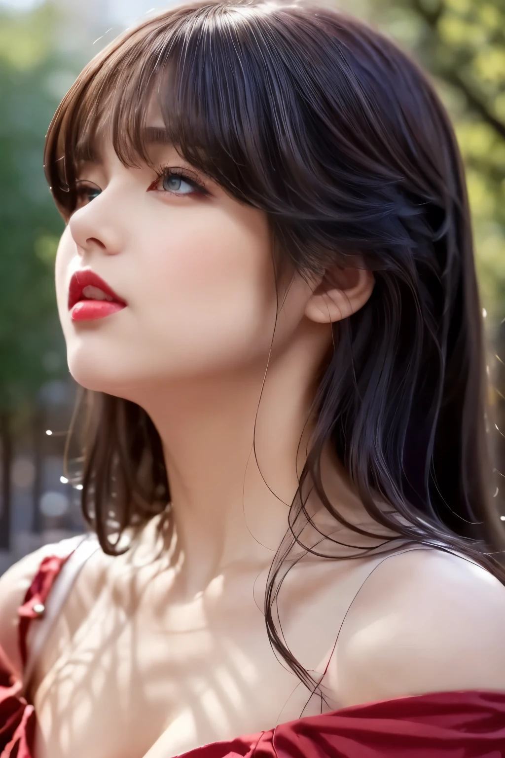 (masterpiece),(Best Quality:1.0), (Ultra-high resolution:1.0), Detailed illustrations, 8k, anime, One girl, beautiful anime girl, Wearing a red dress, corolla, Beautiful Face, Detailed face, Beautiful Eyes, Detailed eyes, Deep red eyes, Dark red lips, Red lipstick, Beautiful stylish hair, Hair highlights, bangs anime style, Best Quality, Vibrant