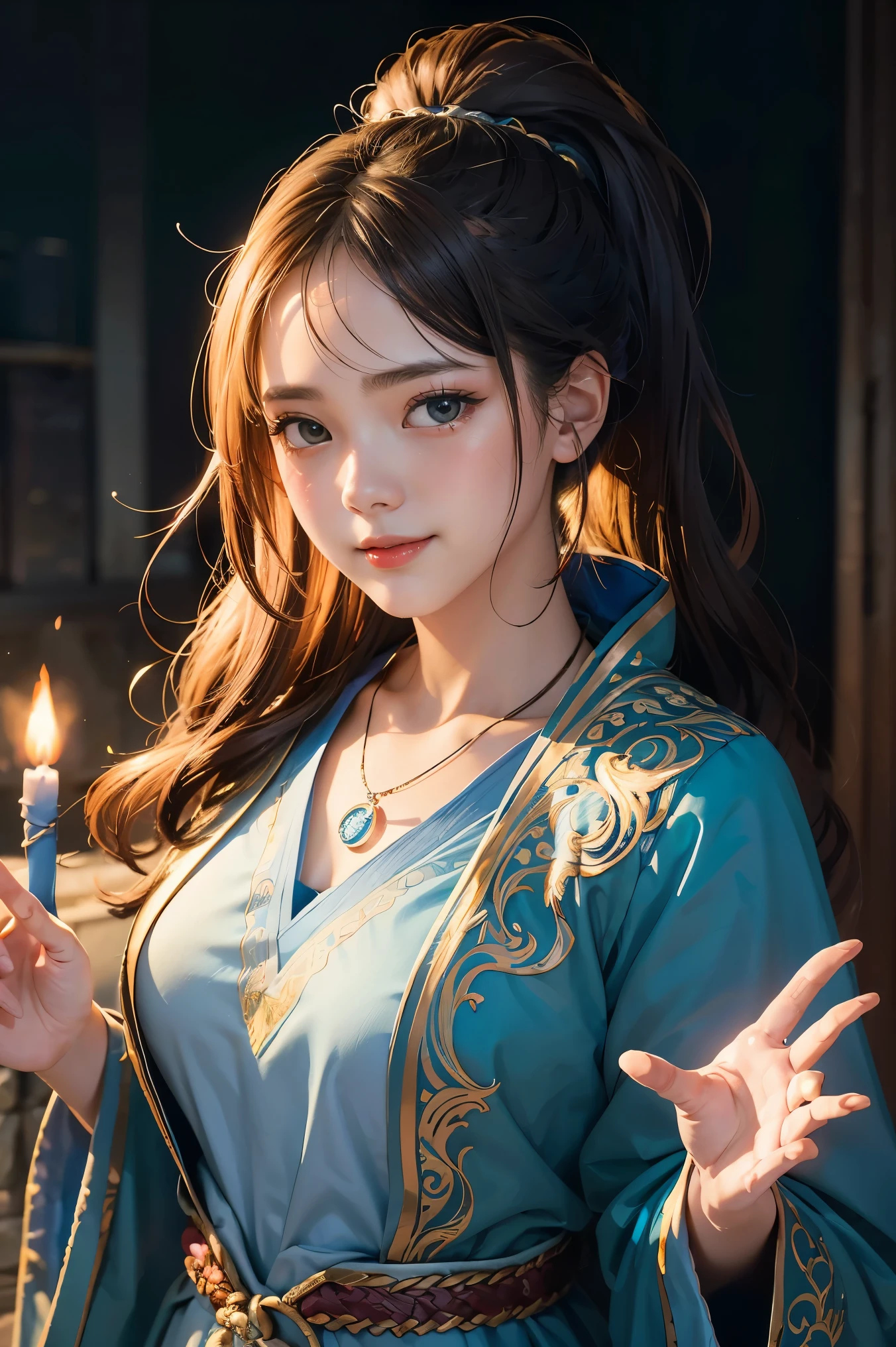 1girl, scolorful portrait illustration, (attractive female as a wizard, ponytail, wearing_long_flowing_blue_intricately_embroidered_wizard_robes), (necklace, pouches, belts, smiling, highly detailed face, masterpiece, best quality), highly detailed, (in a dungeon), mage_glam, (large glowing runed circles), fire and ice, casting a spell, ultra high resolution, by Alexandre Calame and  Alyssa Monks and Shigeru Ban