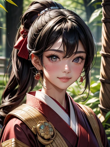 {{{masterpiece}}}, {{{Best quality}}}, {{Super detailed}}, {Movie Lighting}, {illustration}, {Beautiful and delicate eyes}, {1 Girl}, Extremely detailed, 1 Girl, Solitary,  A beautiful samurai warrior, Blue long ponytail hairstyle, Wearing a red and gold kimono, warrior, Naughty smile, Brown eyes, For the audience, outdoor, Woodland Background, Highly detailed faces and clothing, Slightly narrow eyes, Perfect face, Fair skin, Hairstyle bangs, Long hair, Cowboy shooting, Noble and beautiful, Chinese traditional clothing, Warrior Woman