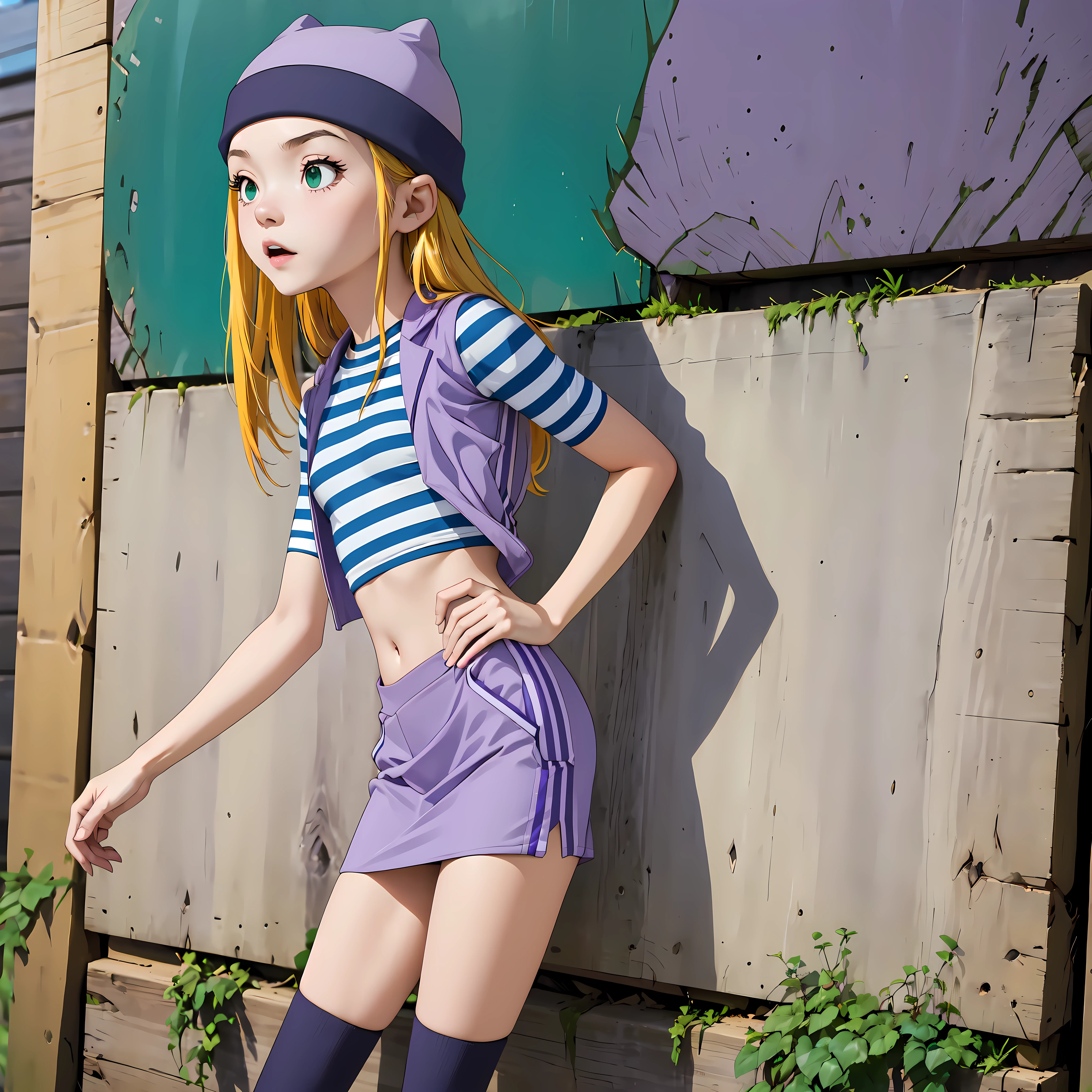 (masterpiece, best quality), 1girl, izumi Orimoto, outdoors, streets, green eyes, blonde hair, long hair, purple beanie, purple vest, purple miniskirt, blue white striped shirt, long purple socks, purple vest, striped shirt, navel shirt, medium size breast. standing, her back leaning against the wall, posing