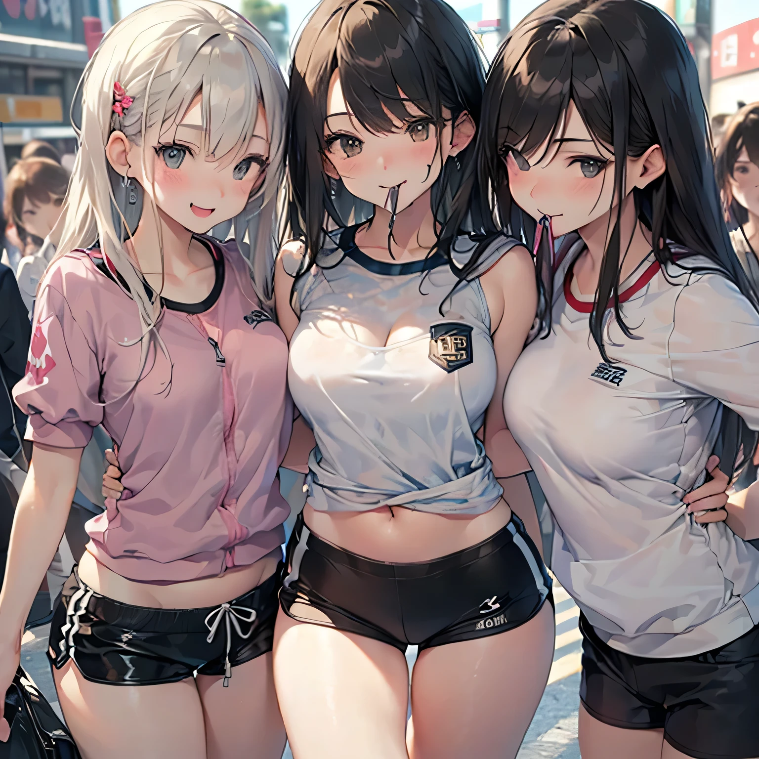 ((masterpiece, best quality, ultra quality, high quality, hyper detailed, intricate detailed, perfect anatomy, shiny skin, cowboy shot, ray tracing,The light hits the front of the body)), (3 woman:1.5), cute woman are posing for a camera,  (at a pub)、  (Lifting SHIRT:1.3),  (open your mouth and laugh:1.3),  (line up in a row)、(tits)、hair band, headband, hair bobbles, blouse, shirt,silver hair, brown hair, blond hair, (navel), jewelry, looking at viewer, necklace, long hair, short hair, (abs), (Depth of the bounds written), 