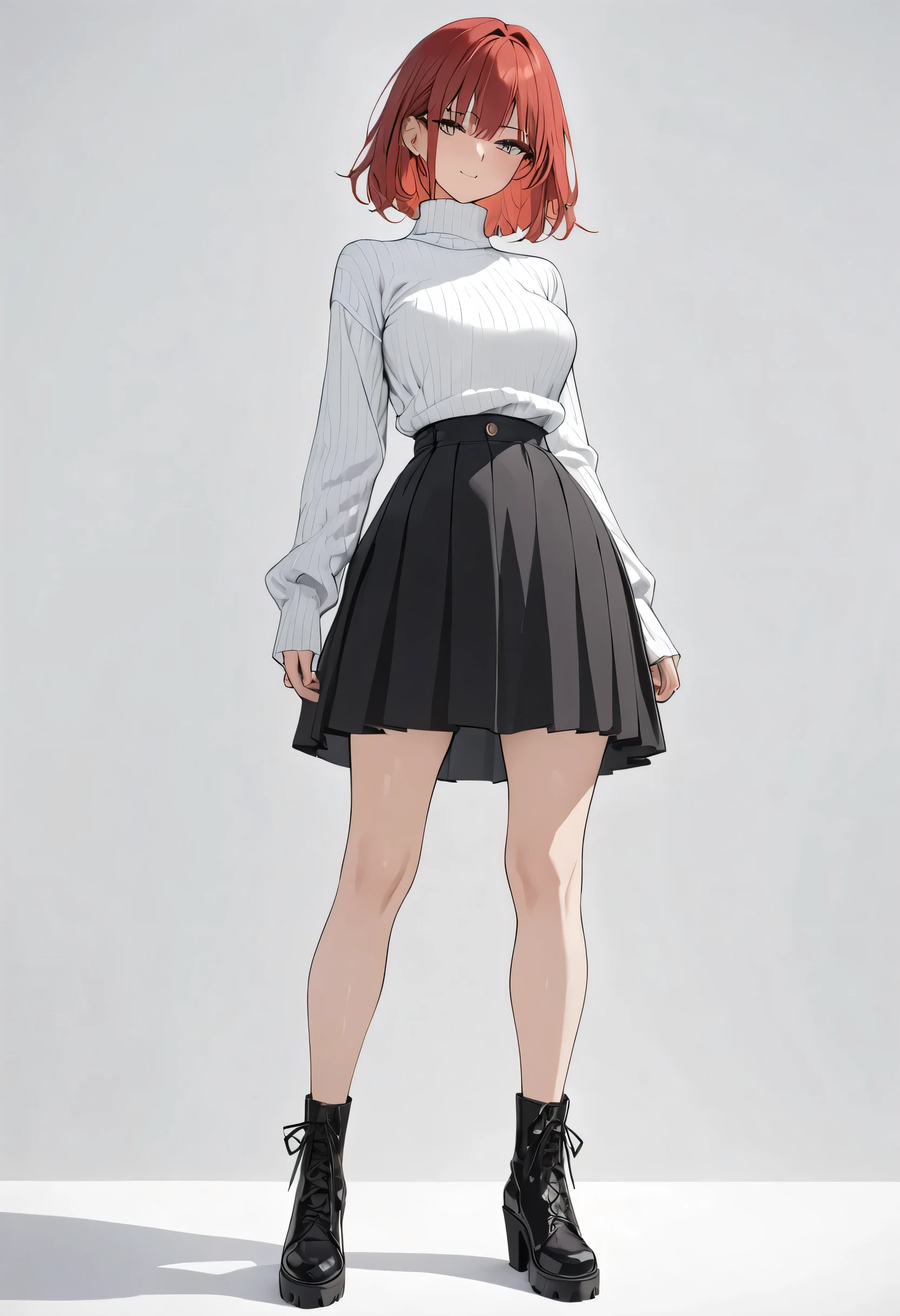 (masterpiece, best quality, 4k, very detailed, full body shot), red bob hair, little smile, white turtleneck sweater, black high-waist midi skirts, short boots, one woman, (white background)