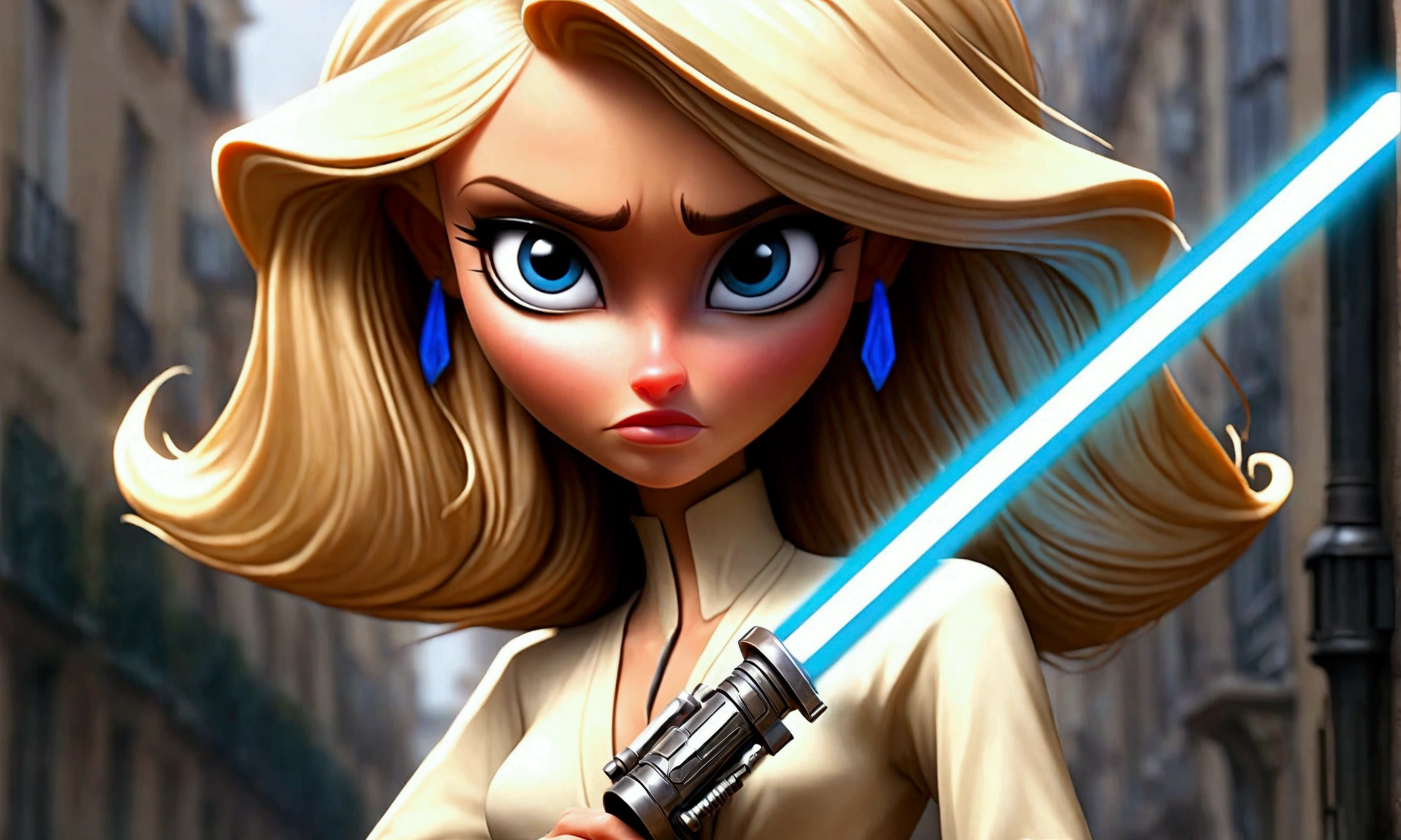 girl CHILD 10 years old, blonde straight hair very long, PORTRAIT STYLE, CLOSE UP, STAR WARS MOVIE STILL, STAR WARS MOVIE SCREENSHOT, STAR WARS MOVIE STILL, STAR WARS MOVIE STILL, 4K HQ WALLPAPER, STAR WARS MOVIE, HOLDING 4K lightsaber, still from star wars, hd star wars photo, wearing shiny stormtrooper armor