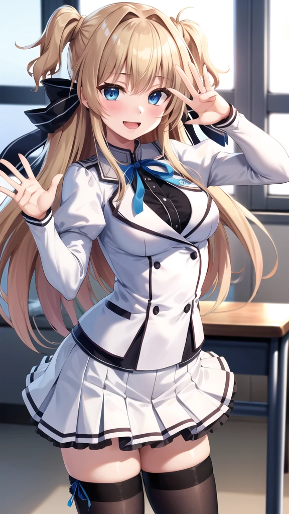 masterpiece, best quality, highres, 1girl, solo, long hair, blonde hair, two side up, (hair ribbon:1.1), blue eyes, neck ribbon, school uniform, white jacket, juliet sleeves, long sleeves, white skirt, thigh ribbon, black thighhighs, classroom, smile, open mouth, waving