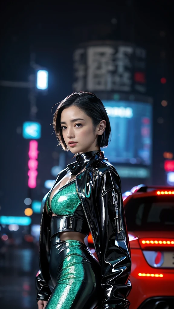 High resolution、masterpiece、Textured Skin、High image quality、超High resolution、Very detailed、woman、Look at, low length、Large Breasts、Anatomically correct, Short Hair、Look at, solo, Latex suit、Cyberpunk、The background is a glittering neon city at night、Cowboy Shot, 