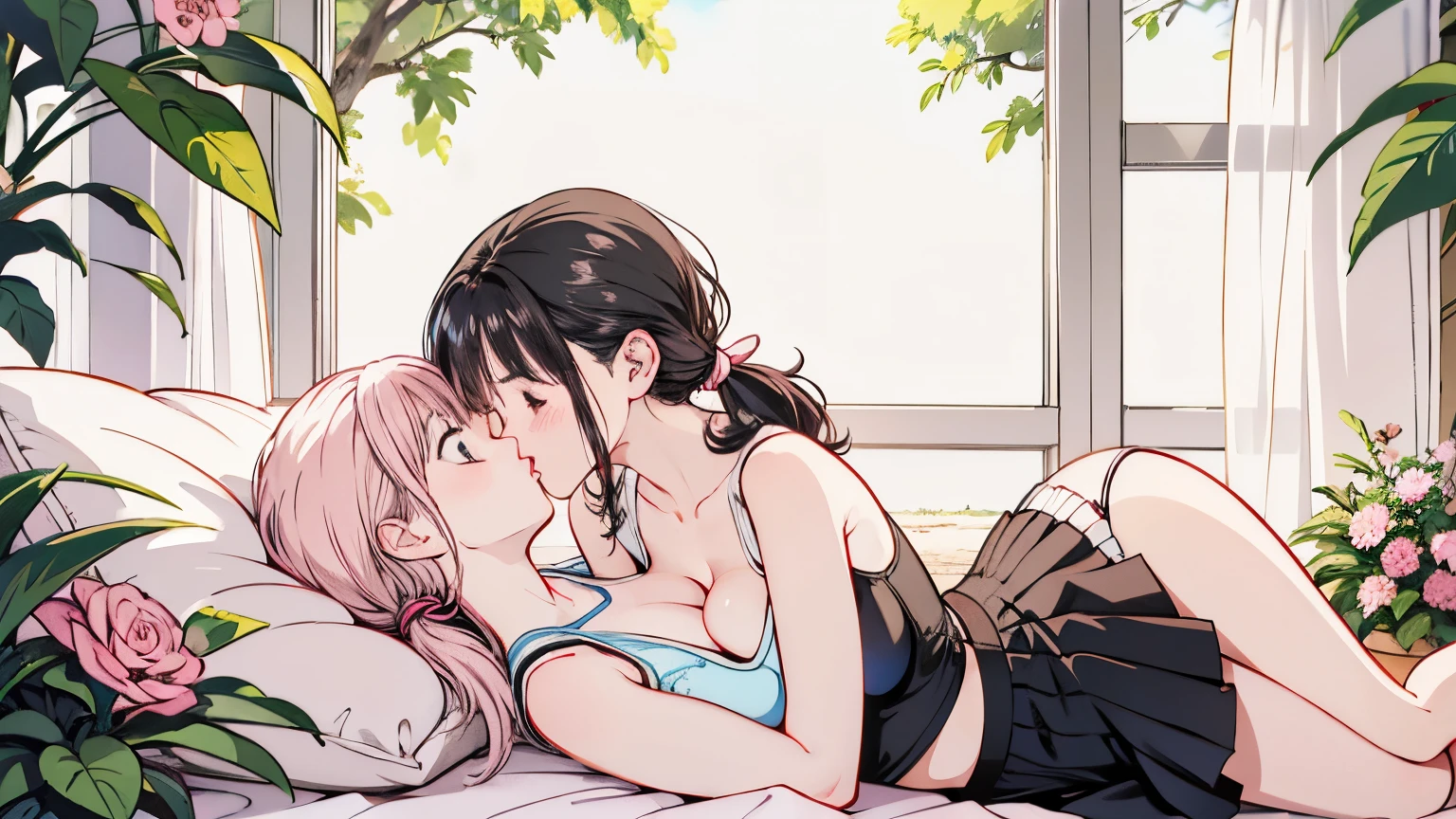 ((Two Women)) Pleated skirt included, Sleeveless tops, Clothing in trans flag colors((Pink White Blue)), Black Eyes, (((Kissしている))), Long wavy black hair, , Both of them are lying down, cute, Flower Garden, High image quality, masterpiece, Anatomically correct, Detailed Background, Better Quality, original work, Attention to detail, , Wind blowing through the window, Glasses, Embrace each other, Lesbian, Girlfriend ,One has a ponytail,Kiss,Embarrassing ,Half an eye ,Large Breasts ,Juicy thighs ,手を重ねてKiss ,We love each other, sweat ,Tongue to tongue,blush ,