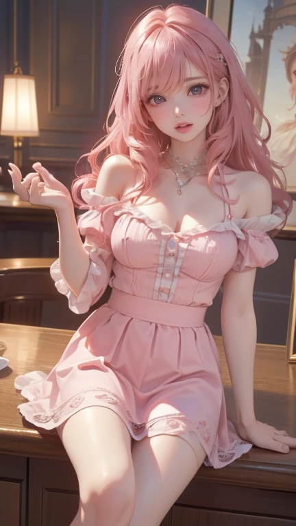 lightning,Final Fantasy,Pink Blonde,medium hair,light perm hair,curly hair on one side,disappoint one&#39;bangs,beautiful blue eyes,beautiful and high nose,super high quality,super high quality,masterpiece,digital single lens reflex,realistic,Detailed details,vivid details,depicted in detail,detailed face,Detailed details,Super detailed,realistic skin texture,Based on anatomical grounds,perfect anatomy,anatomically correct hand,anatomically correct fingers,Complex 3D rendering,Huge ,sexy pose,White Ruffled Shirt,pink apron,Maid clothes,Put it in a nice photo frame and display it,land of sweets,ファンタジーなland of sweets,Valentine&#39;s Day,have some delicious chocolate,luxury sweets house,Colorful chocolate,豪華なValentine&#39;s Day,heart mark balloon,colorful sweets room,Colorful macarons,Valentine gift box,mysterious snow scene,It&#39;s snowing,Picturesque beauty,Take a full body photo,9 head body,pink lip,Beautiful curly hair,Luxury necklaces,emphasize the beautiful whole body,beautiful nails,High-leg T-back,smile,