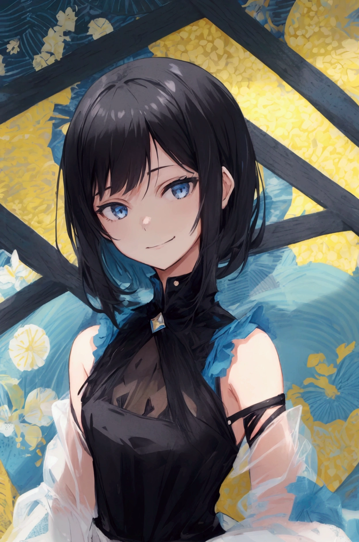 a girl mid short black hair  , small smile , nice detailed dress  black blue color  