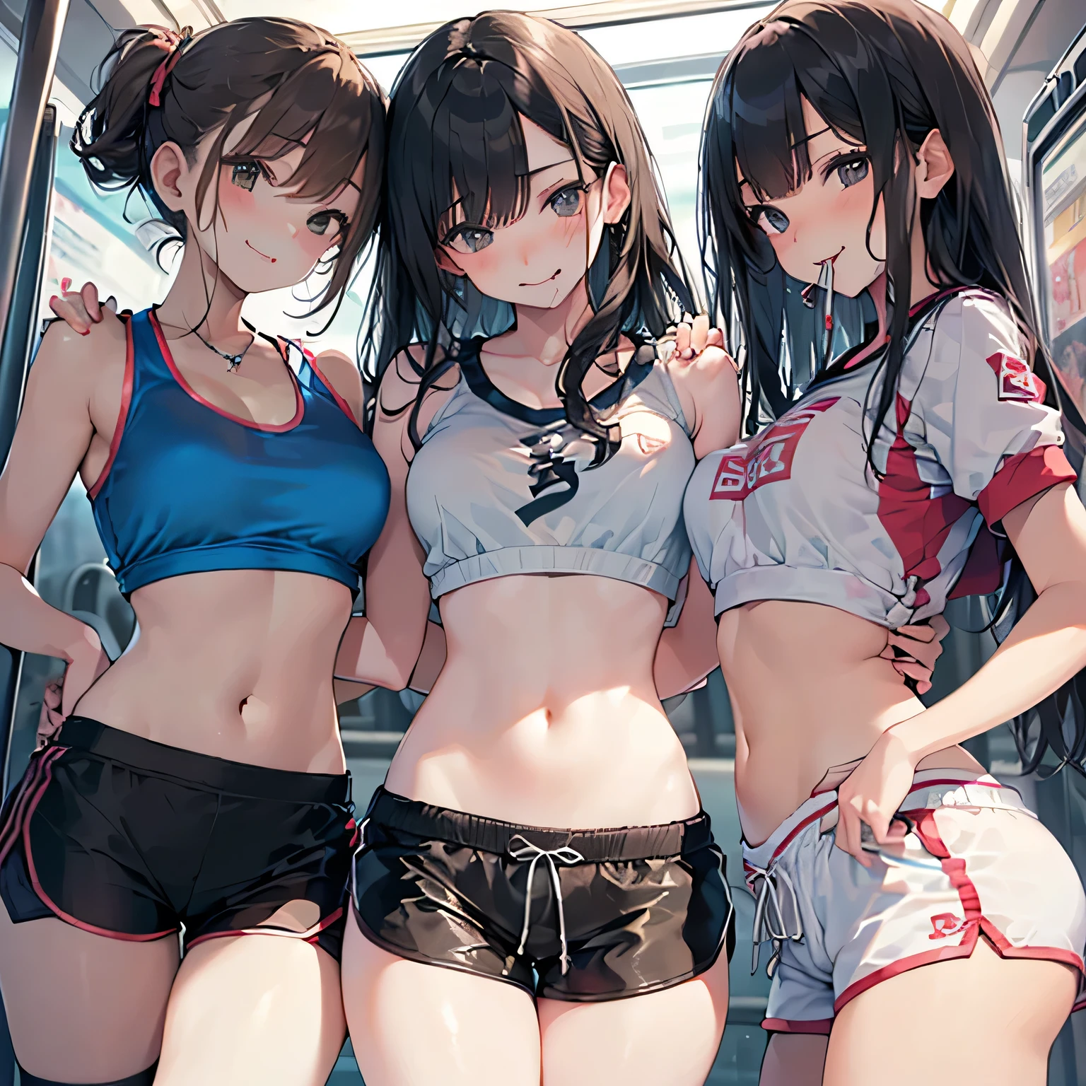 Three Women,Black Hair,14 years ,((Junior high school students)),Beautiful breasts,(((Sexy white shiny gym wear and shorts)))((rape))(((Blushing、Laughing with your mouth open)),(((Satin Nariko))),((( Portrait))),(In a crowded train),White gym uniform and shorts,From below