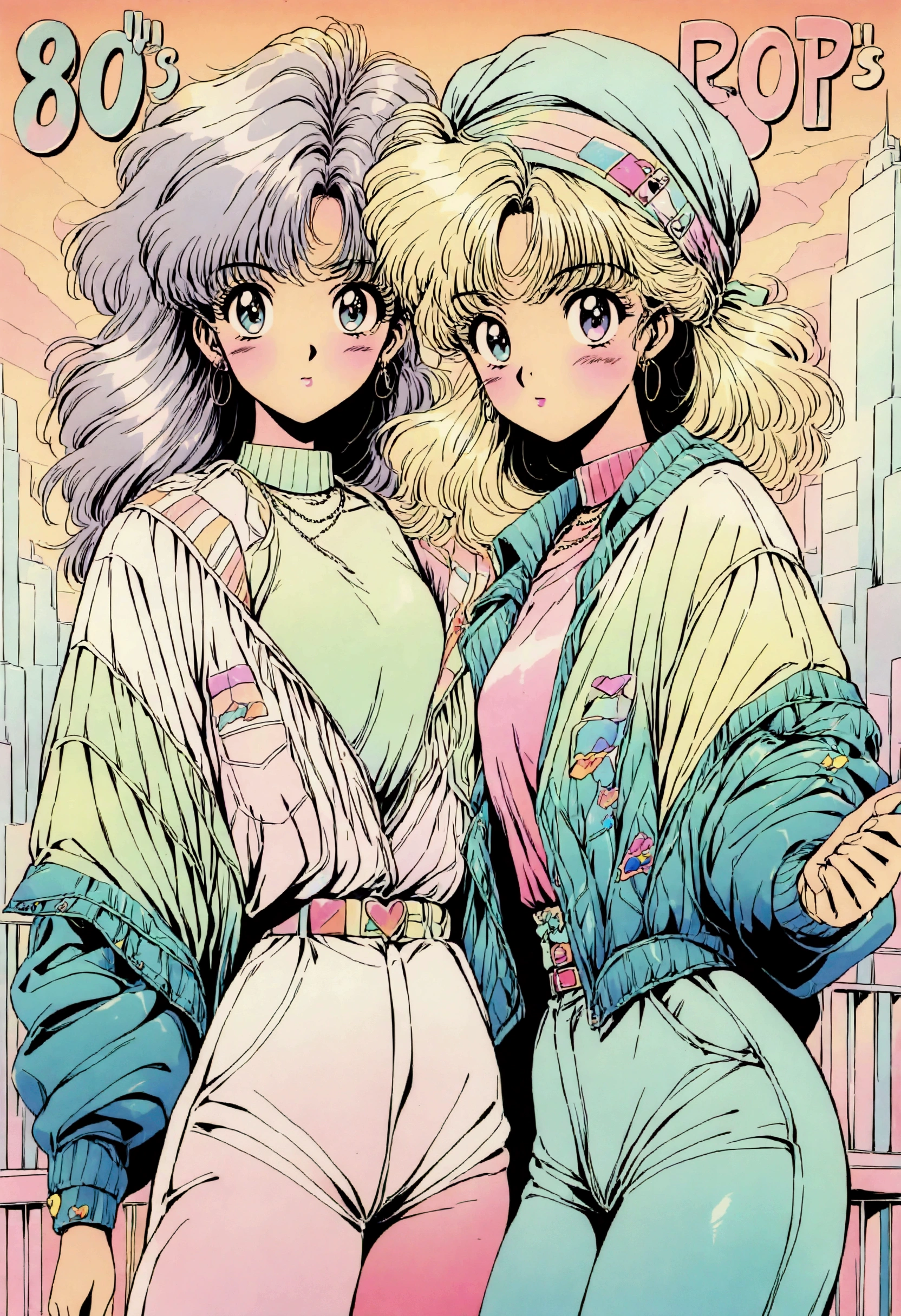 Observe every detail perfectly,(80's, Retro, City Pop:1.5), (Album cover), (masterpiece, Please redeem), (anime, shape), (Pastel colors:1.4), Dynamic Angle, Delicate face, Two beautiful girls、80年代animeスタイル, Dancing at a midnight rave,Retro, Lo-Fi, Wearing a bandana and baggy clothes、A lot of people、90s rave fashion, Fancy Background