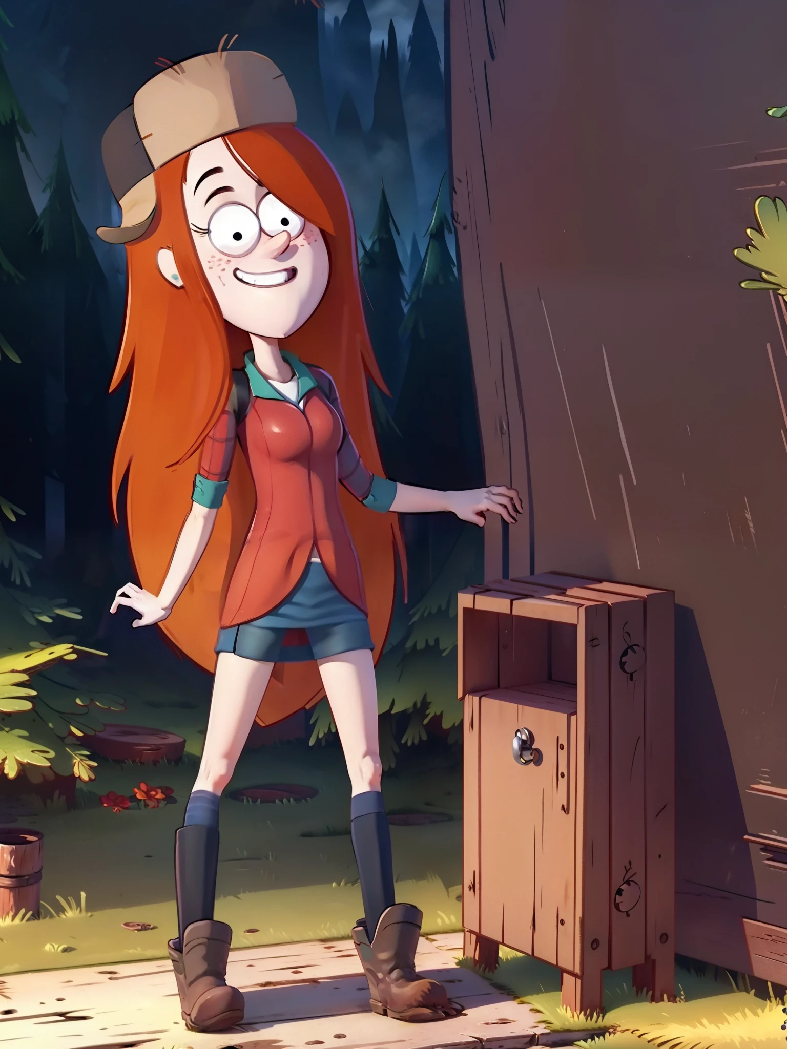 Wendy corduroy, gravity falls, at the lake, open legs, gravity falls , green sneakers, nude , brown hat, pornographic exposure, seductive posture, high detail, 8k, masterpiece