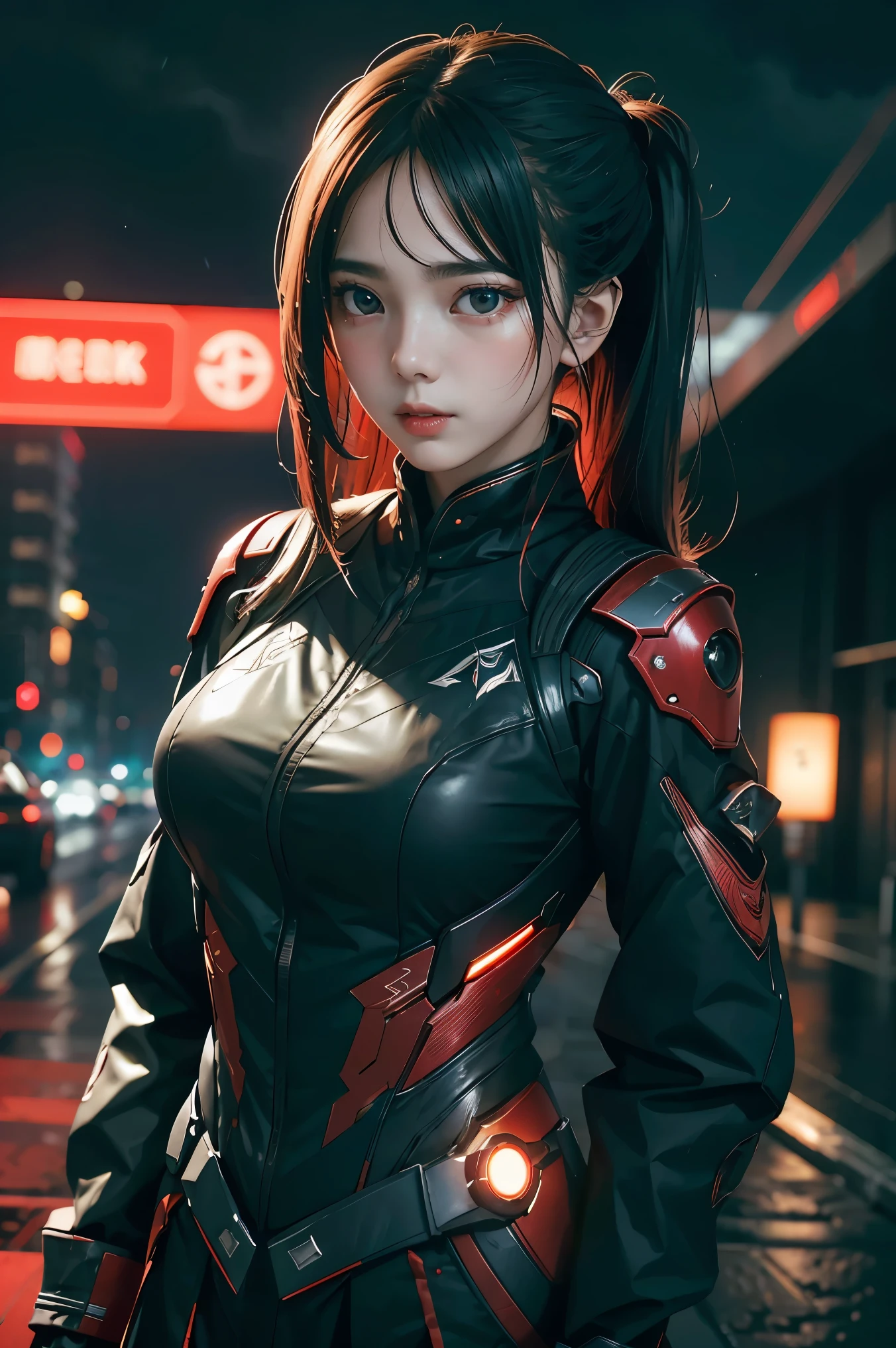 1 japanese girl, WARFRAME, intricate pattern, heavy metal, energy lines, faceless, glowing eyes, elegant, intense, blood red and black uniform, solo, modern, city, streets, dark clouds, thunderstorm, heavy rain,, dramatic lighting,, (masterpiece:1.2), best quality, high resolution,   beautiful detailed, extremely detailed, perfect lighting,