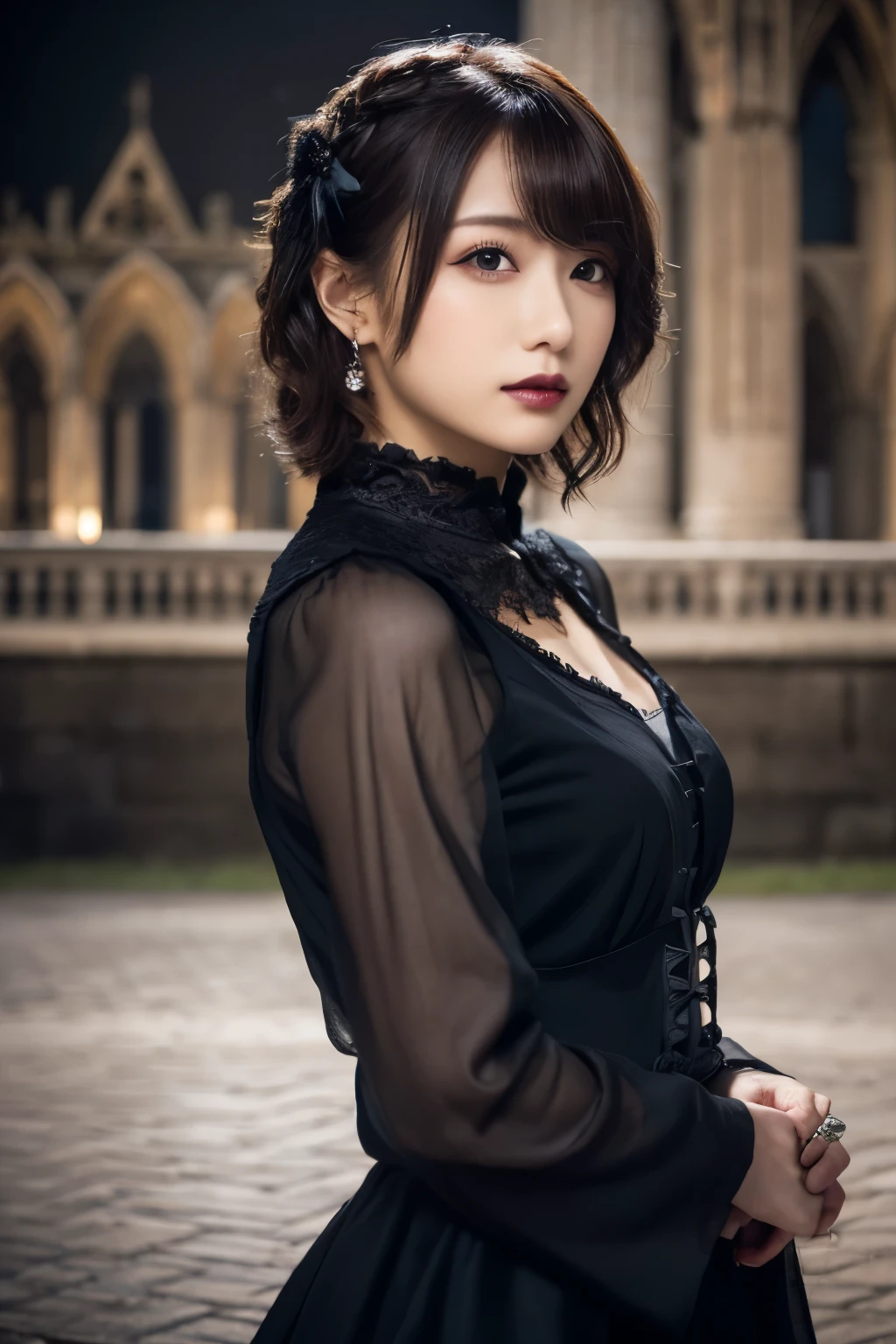 1 girl, (She is wearing a red dress:1.2), (Gothic Makeup), Portrait of a very cute Japanese symphonic metal singer, (RAW Photo Best Quality), (Realistic, Realistic:1.4), (masterpiece), 
But delicate and beautiful, Very detailed, 2k wallpaper, wonderful, finely, Very detailed CG Unity 8K wallpaper, Very detailed, High resolution, Soft light, 
Beautiful detailed girl, Very detailed目と顔, A beautiful and elegant nose, Beautiful beautiful eyes, Cinema Lighting, 
(She is standing in front of a ruined Gothic cathedral:1.3), (Night Sky), (Girl full body silhouette:1.2), (squat, Pee), (Dark screen:1.5), (I am so lonely), 
(short hair), (Messy Hair), 
Perfect Anatomy, Slender body, Small breasts