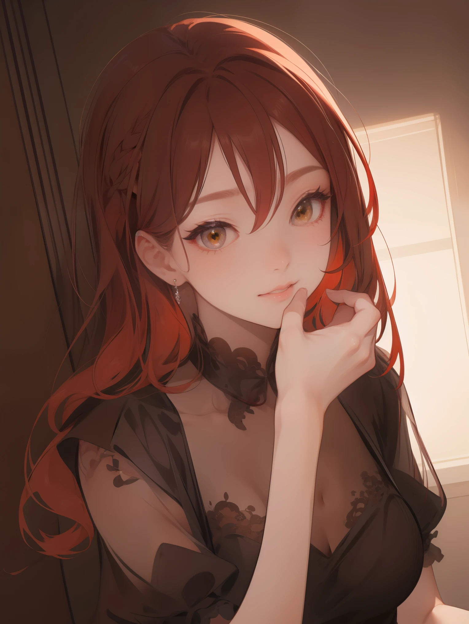 rikosakurauchi, riko sakurauchi, (brown eyes:1.5), hair between eyes, long hair, (red hair:1.5),
BREAK (purple dress:1.2),
BREAK a smile, Upper body portrait, Squatting panchira,
BREAK (masterpiece:1.2), best quality, high resolution, unity 8k wallpaper, (illustration:0.8), (beautiful detailed eyes:1.6), extremely detailed face, perfect lighting, extremely detailed CG, (perfect hands, perfect anatomy),