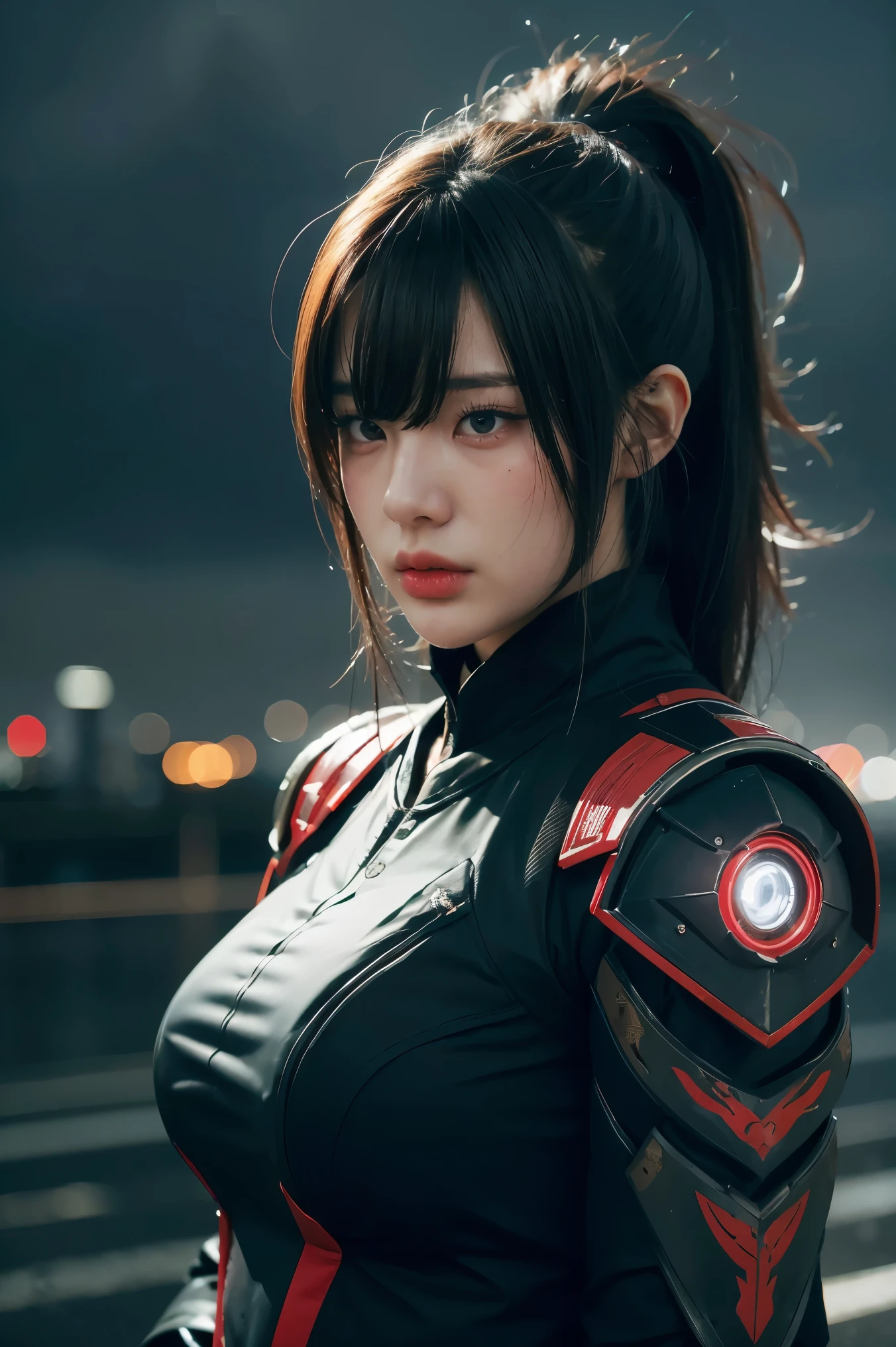 1 japanese girl, WARFRAME, intricate pattern, heavy metal, energy lines, faceless, glowing eyes, elegant, intense, blood red and black uniform, solo, modern, city, streets, dark clouds, thunderstorm, heavy rain,, dramatic lighting,, (masterpiece:1.2), best quality, high resolution,   beautiful detailed, extremely detailed, perfect lighting,