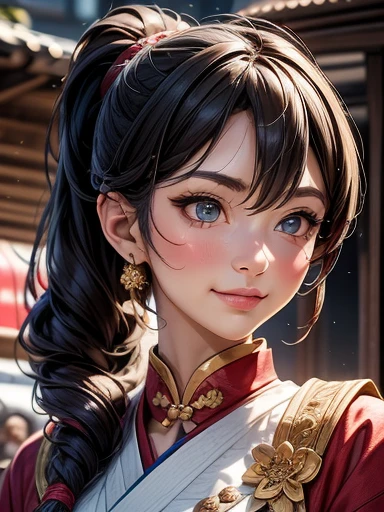 {{{masterpiece}}}, {{{Best quality}}}, {{Looks super detailed}}, {Movie Lighting}, {illustration}, {Beautiful eyes}, {1 girl}，Full body photo, Extremely detailed, 1 girl, solitary,  A beautiful samurai warrior, Blue long ponytail hairstyle, Wearing a red and gold kimono, warrior, Naughty smile, Brown eyes, For the audience, Outdoor, Traditional ancient street background, Many small vendors are selling vegetables，Highly detailed faces and clothing, Slightly elongated eyes, Perfect face, Fair skin, Hairstyle Bangs, Long hair, Cowboy shooting, Noble and beautiful, Chinese traditional clothing, 女warrior