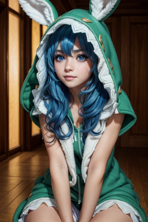 (best quality: 1.2), (high resolution, 4k, 8k), (masterpiece: 1.2), ultra detailed, (realistic, photorealistic: 1.37), yoshino astral dress, (long hair, hair between the eyes, blue hair ), mischievous and cheeky face, cinematic lighting, (big and beautiful blue eyes, bright and realistic), visible features, natural cheek, fair skin, soft lips, smile, teeth, (detailed face with perfect symmetry), facial and texture highly detailed skin, medium breasts, glowing skin, perfect anatomy, perfectly shaded body, animal hoodie, green coat, hood up, rabbit hood, knees on the floor, open top, full photo below