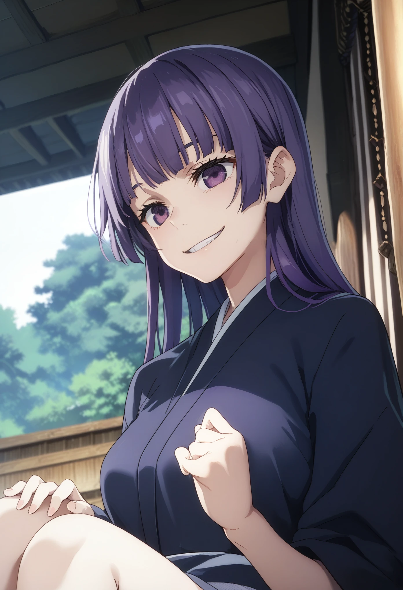 female , long hair, straight bangs, purple hair, medium breasts, purple eyes, wearing black kimono, traditional Japanese house background, smiling