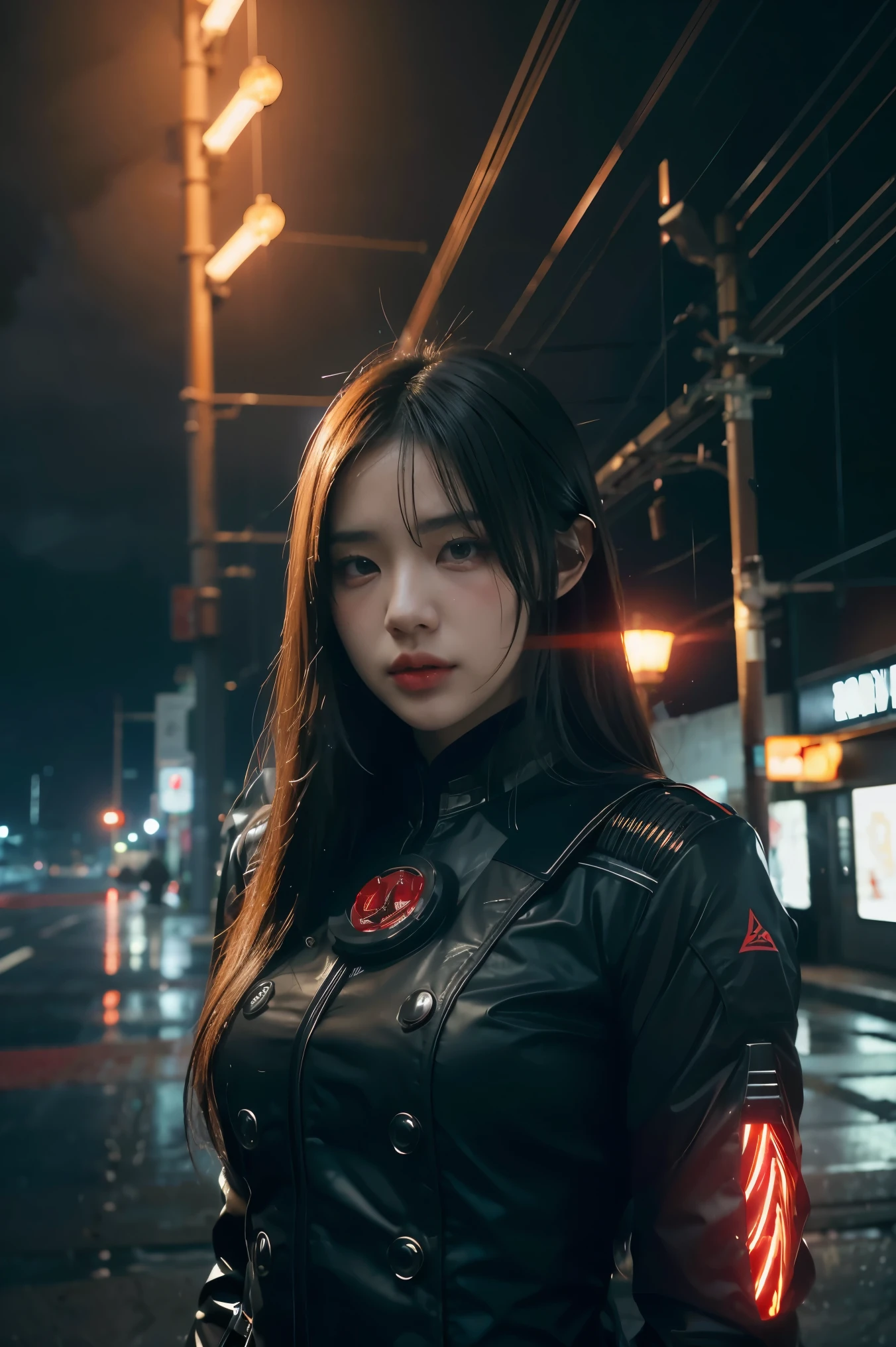 1 japanese girl, WARFRAME, intricate pattern, heavy metal, energy lines, faceless, glowing eyes, elegant, intense, blood red and black uniform, solo, modern, city, streets, dark clouds, thunderstorm, heavy rain,, dramatic lighting,, (masterpiece:1.2), best quality, high resolution,   beautiful detailed, extremely detailed, perfect lighting,