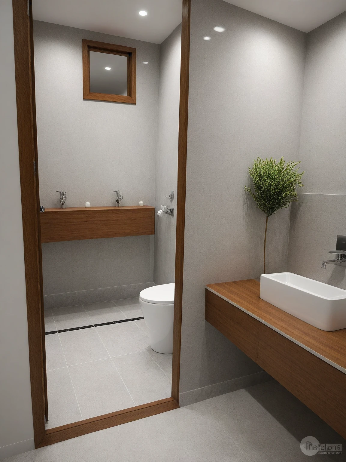 (RAW photo, masterpiece, best quality,ultra-detailed, extremely delicate and beautiful, highresolution, best shadow:1.1), modern  ( wc and toilet : 1.3 ), cabinet, reflective floor, (white and grey wall), grey wall accent, wine racks, pendant light ceiling, white ceiling, plant and flower, interior lighting, realistic lighting, ( wooden wall island), (marble tile floor)